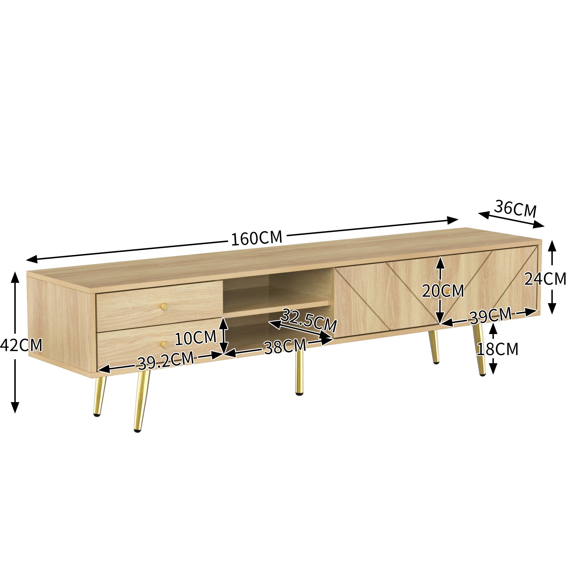 Merax Lowboard Holzoptik (1 St), TV-Schrank mit 2 Schubladen, Türen & Goldfüße, Breit: 160cm