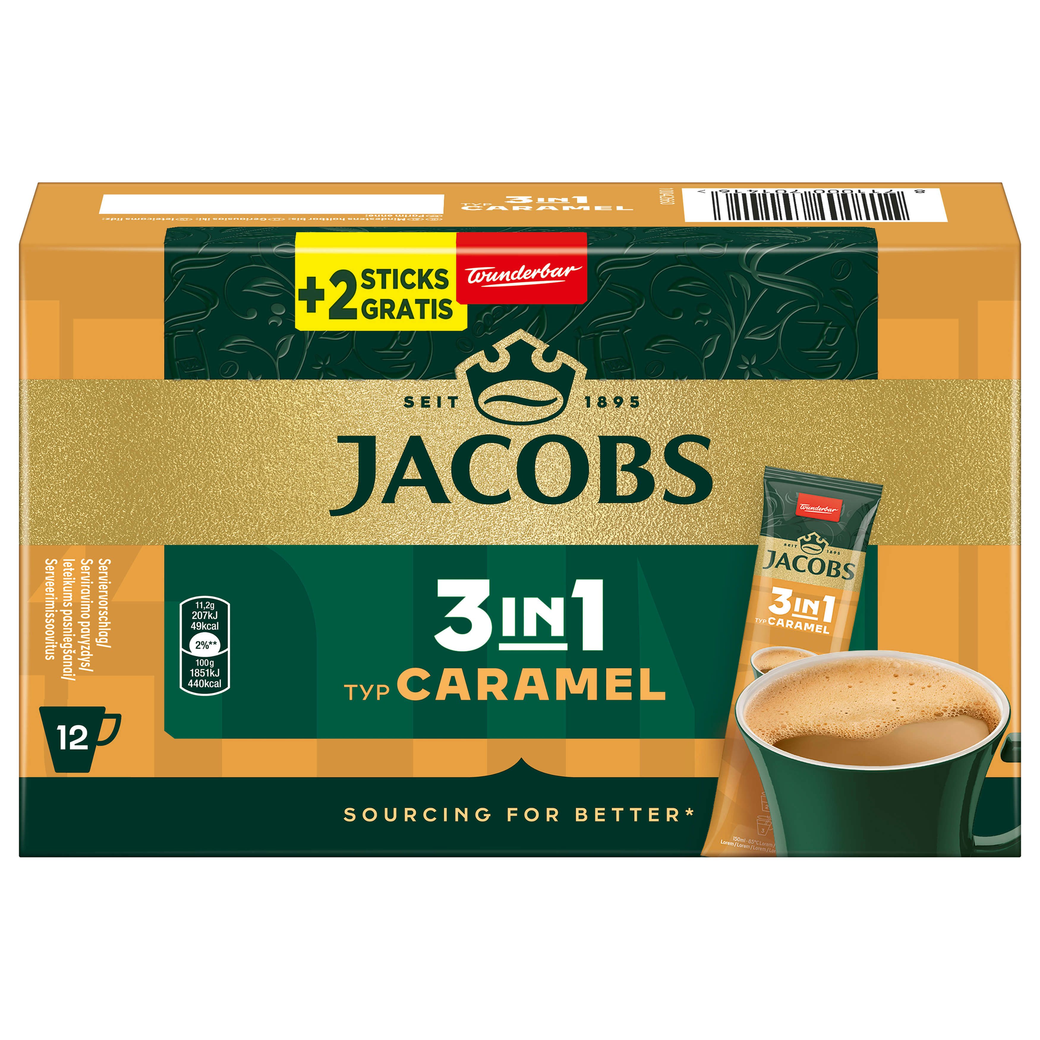 JACOBS Kaffee Löskaffee 3in1 Typ Caramel 12x 10+2 Getränke Sticks löslicher Kaffee, 1613 g, (Packung, 12er Pack)