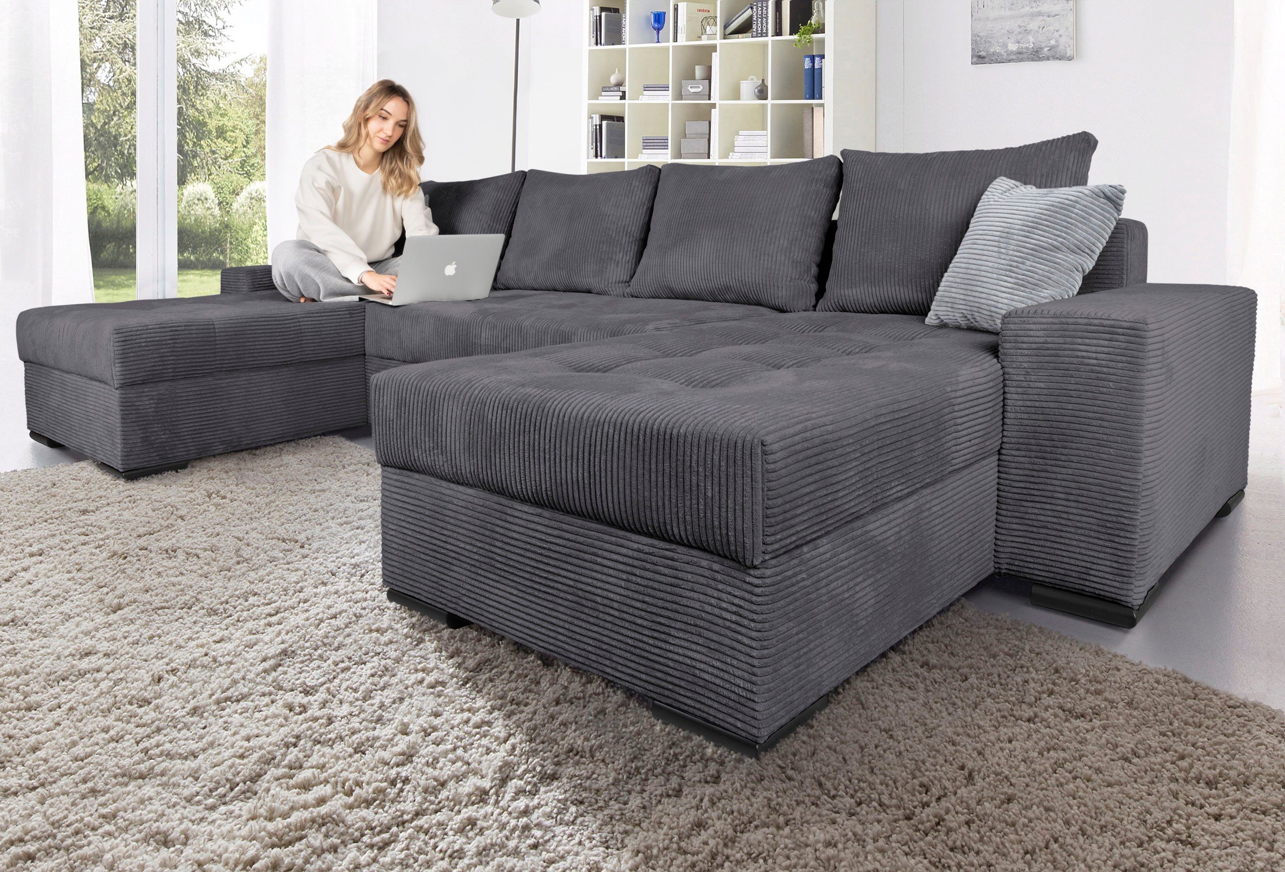 COLLECTION AB Wohnlandschaft Josy XL U-Form, B: 313 cm in Cord, Cord-Mix, Schlaffunktion, Bettkasten & 2 Zierkissen, Federkern