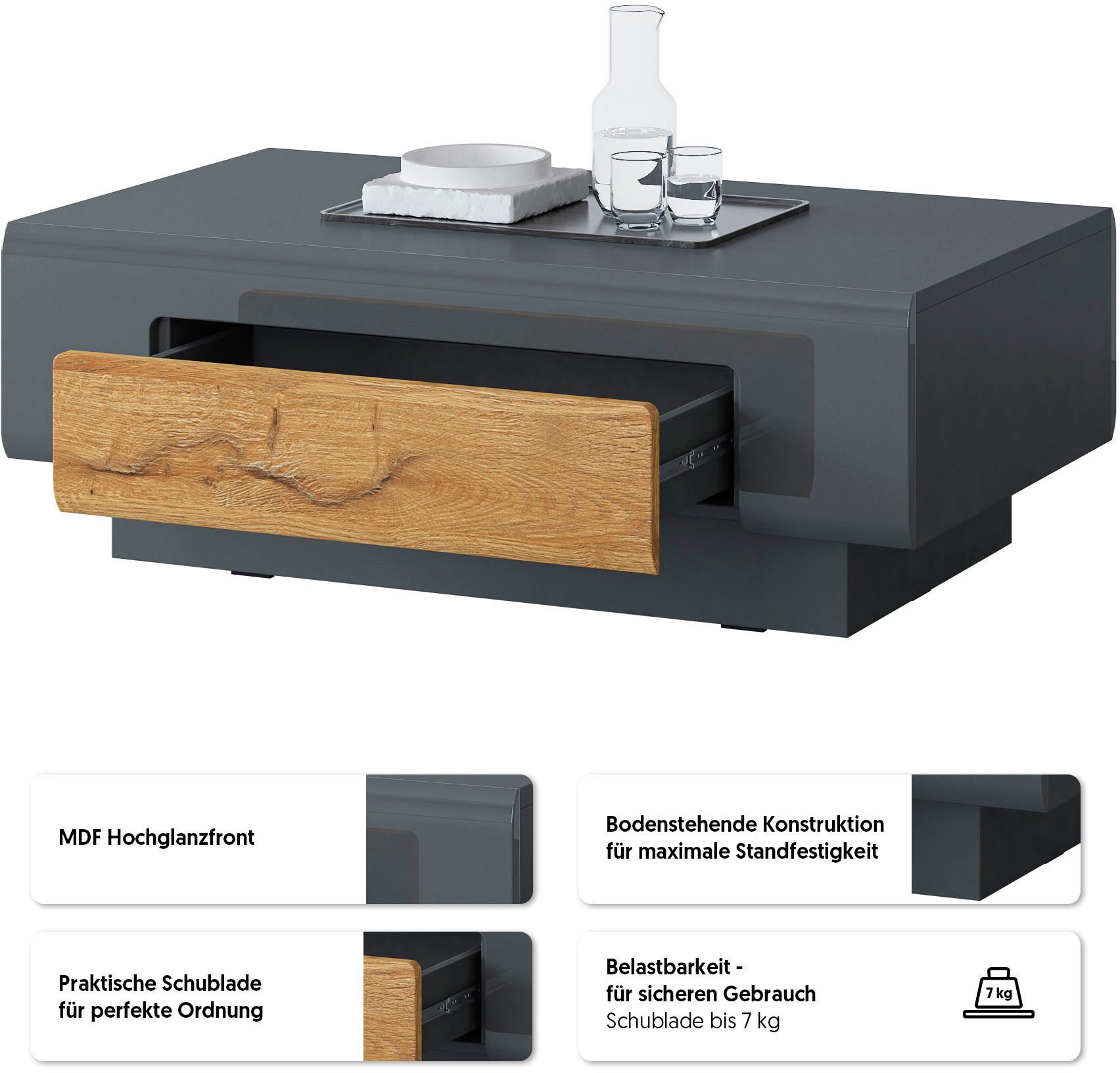 OTTO home Couchtisch Toledo,Breite 110cm eleganter Sofatisch mit Hochglanzelemente, Kaffeetisch mit 1 Schublade, Wohnzimmertisch