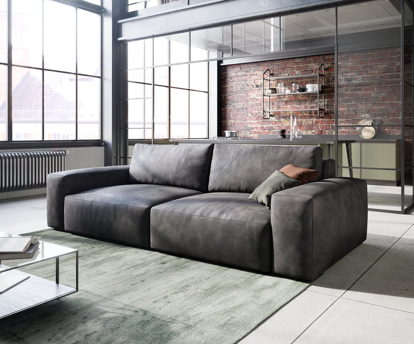 DELIFE Big-Sofa Lanzo, L Lederimitat Vintage Anthrazit 260x110 cm