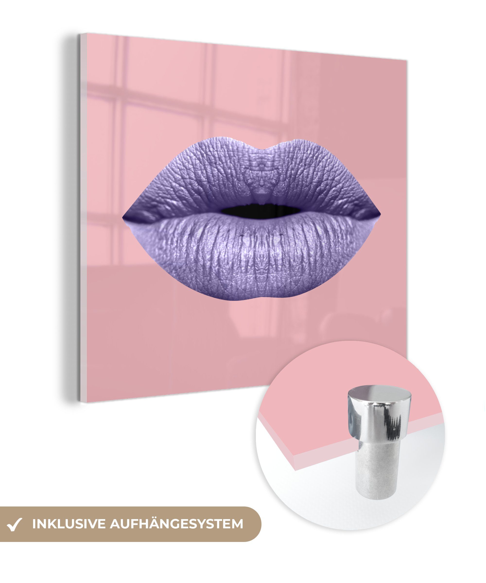MuchoWow Acrylglasbild Lippen - Pastell - Rosa, (1 St), Glasbilder - Bilder auf Glas Wandbild - Foto auf Glas - Wanddekoration