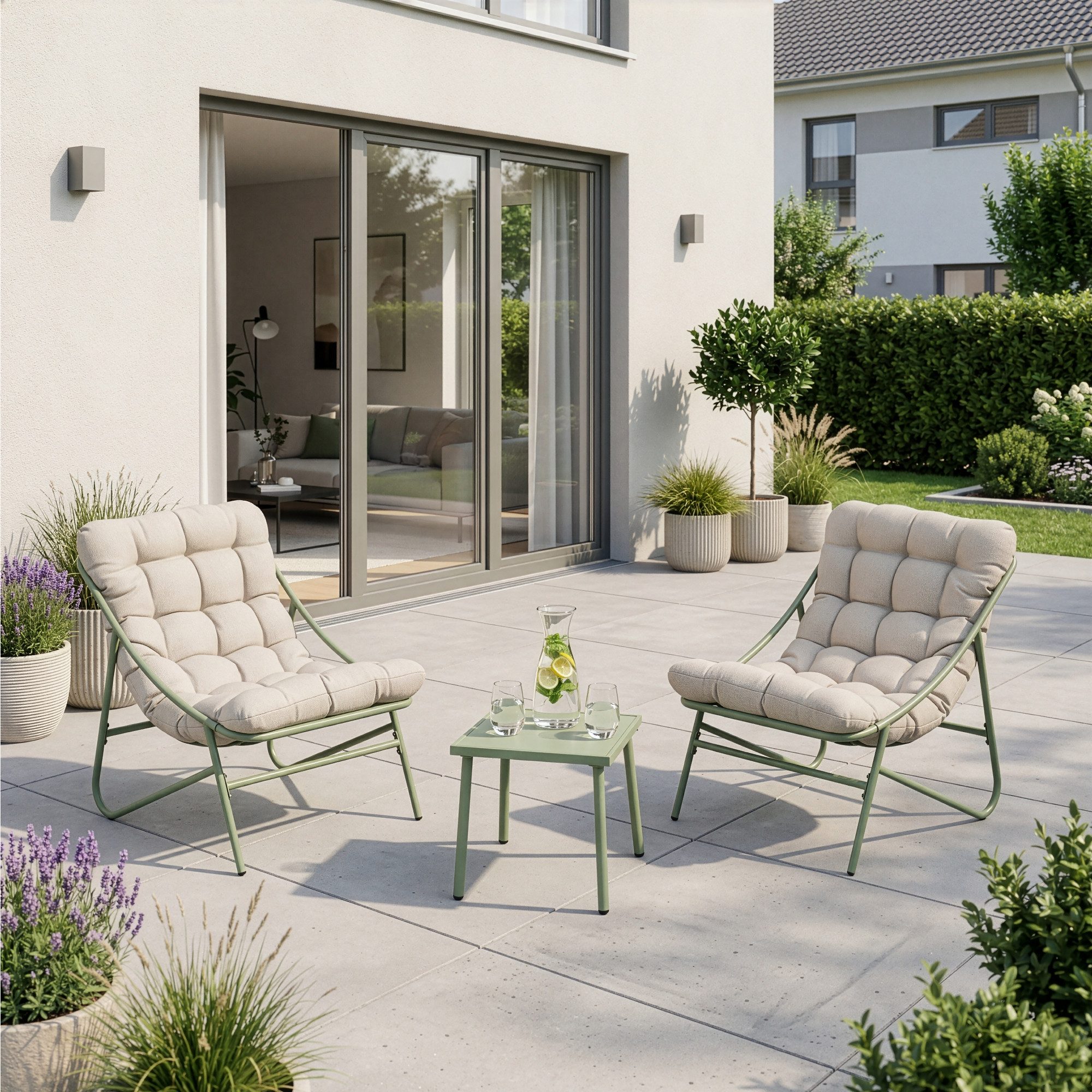 en.casa Loungeset, (Set, 3-tlg., 1 Outdoor-Tisch, 2 Loungesessel mit Polsterkissen), »Trölleping« Metallgestell Polsterkissen Glasplatte Hellgrün/Beige