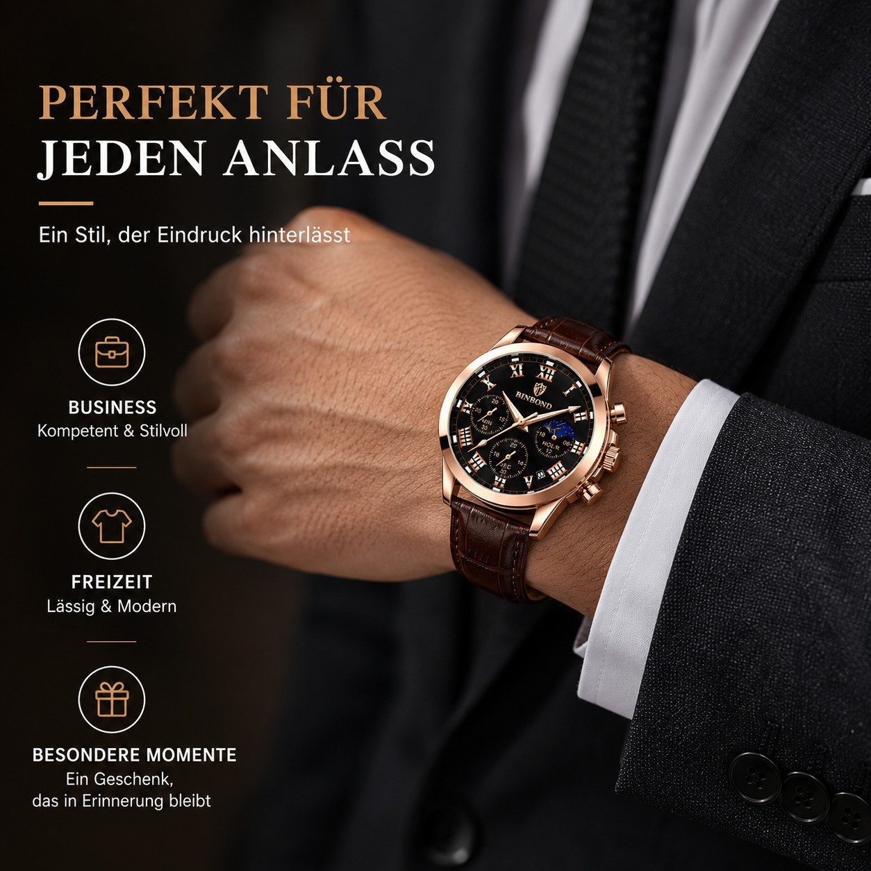 ibettertec Quarzuhr Herren Armbanduhr, Business Quarzuhr, Armbanduhr, Edelstahl Herren Uhr, (Quarzuhr mit Datum, Wasserdichte Uhr 30M, Lederarmbanduhr Herren),  – Bild 3 von 5