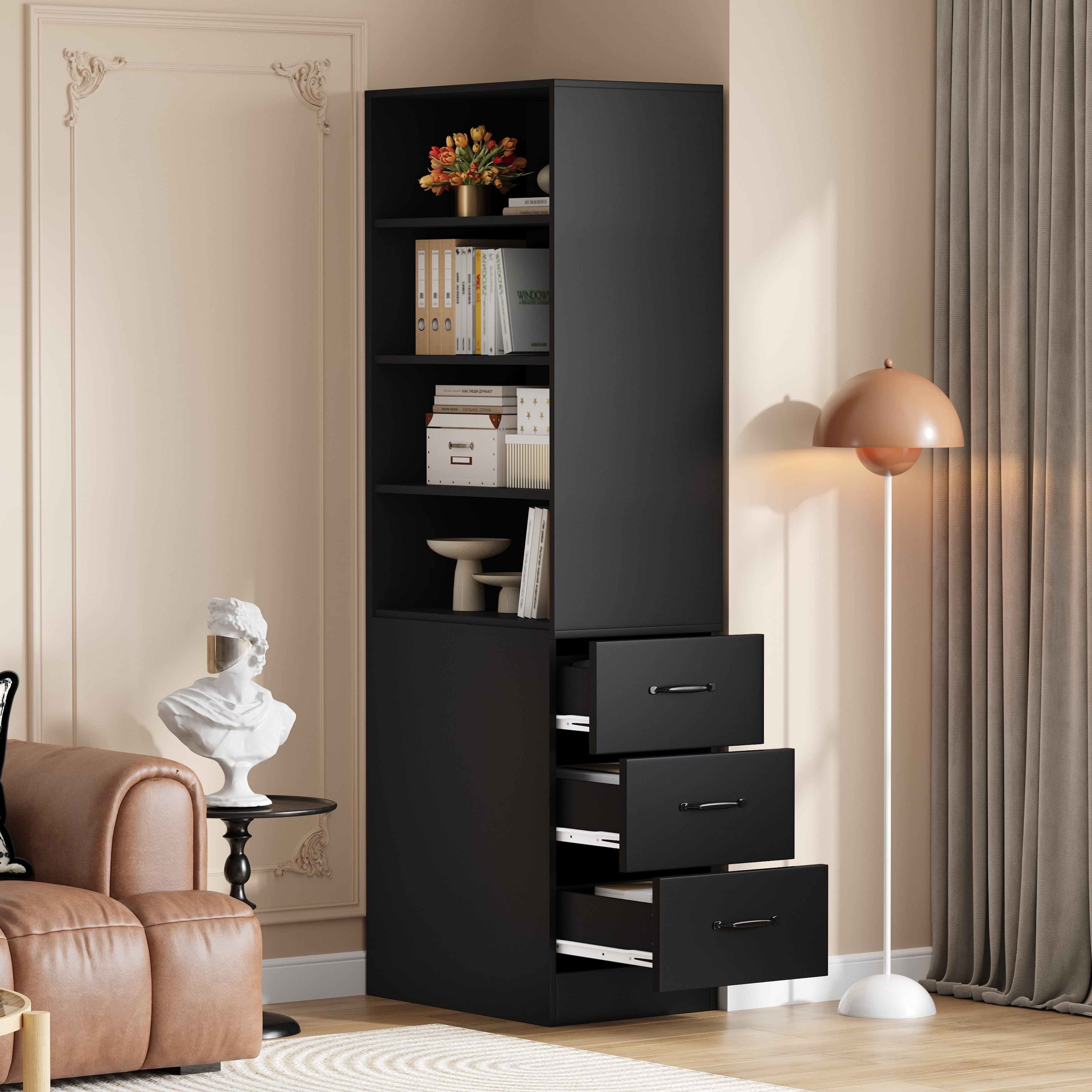 Flieks Bücherregal mit seitlichen Schubladen, links und rechts austauschbar, B60/T38/H180 cm 1-tlg., Hochschrank mit verstellbaren Einlegeböden Wohnzimmerschrank Schwarz
