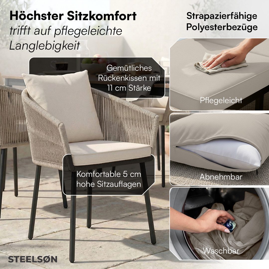 STEELSØN Gartenstuhl Nair mit Sitzauflagen & Kissen (2er Set, beige), Gartensessel aus Polyrattan, elastisches Seilgeflecht, wetterbeständig