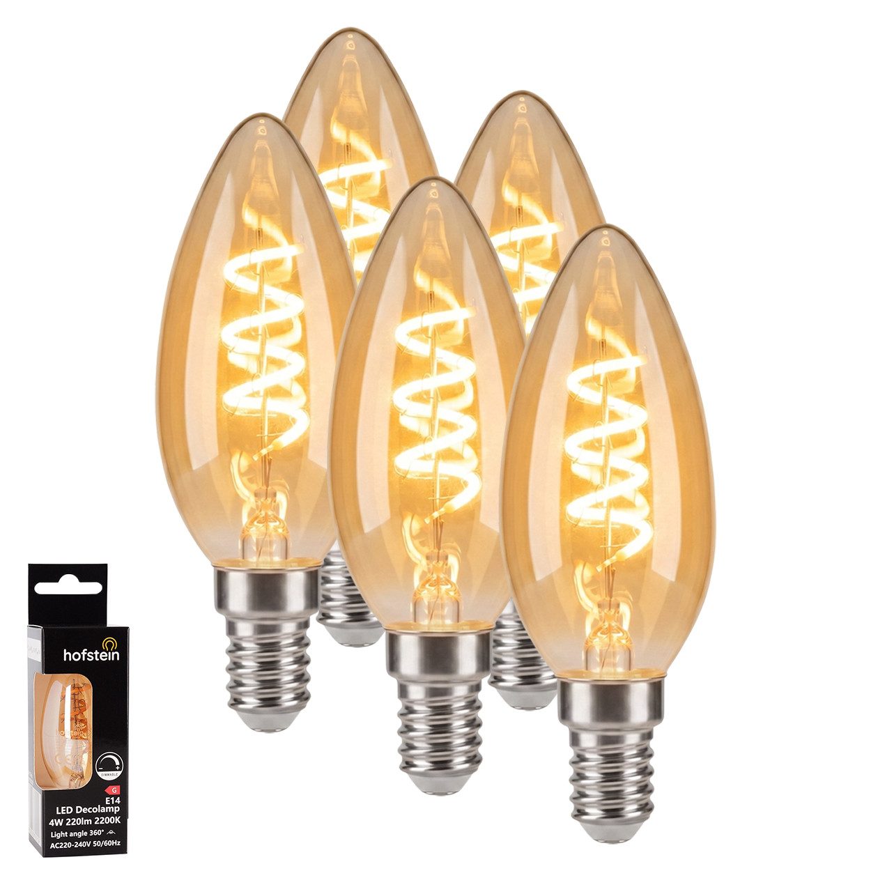 hofstein LED-Leuchtmittel 5er Set Glühbirne Extra Warmweiß dimmbar 4 Watt, E14, 2200 Kelvin, 220 Lumen, Kerze, Filament Spirale, Amber