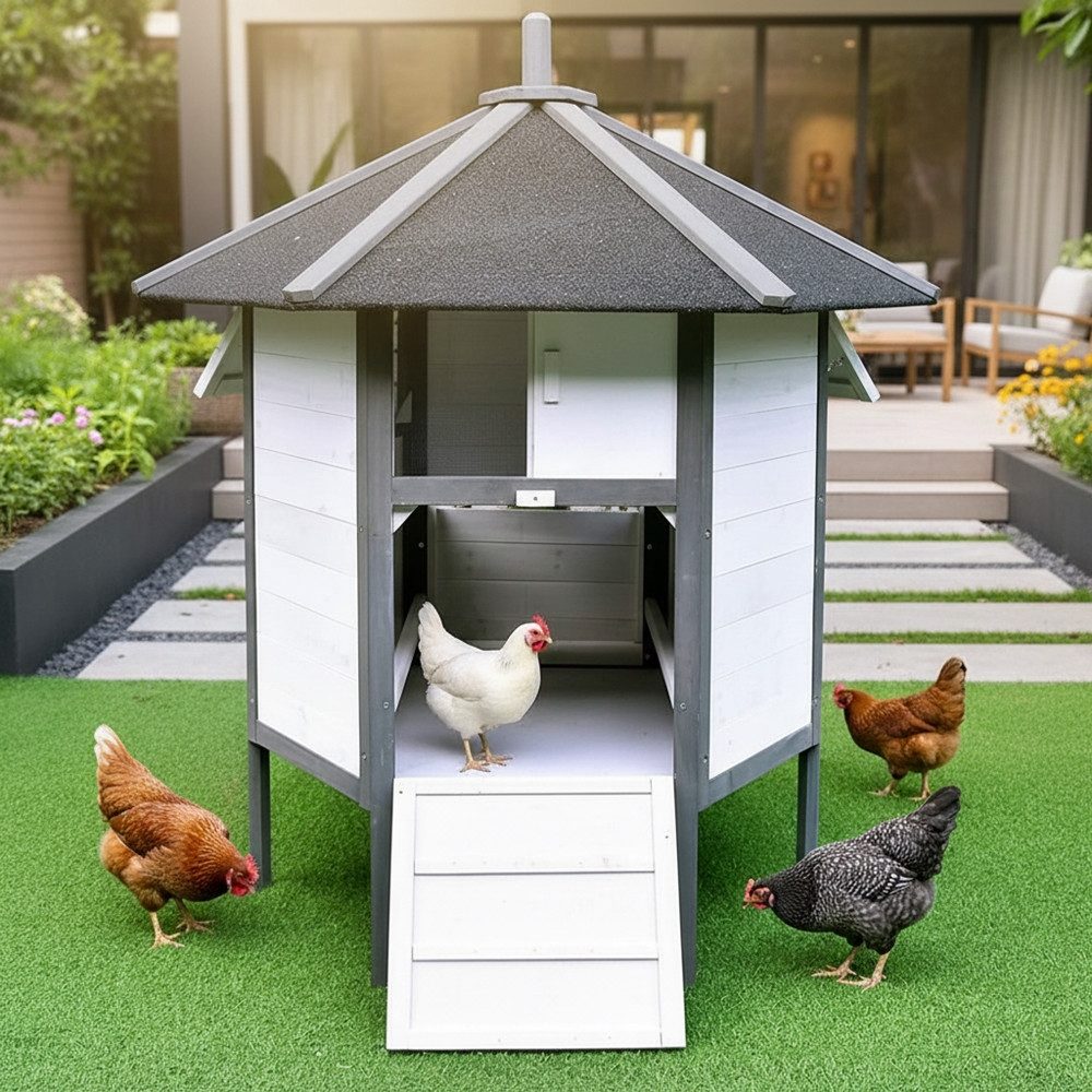 Melko Kleintierkäfig Hühnerstall Gefügelstall Kleintierstall 6-Eck Braun o. Weiß Hühnerhaus, für 5-8 Hühner