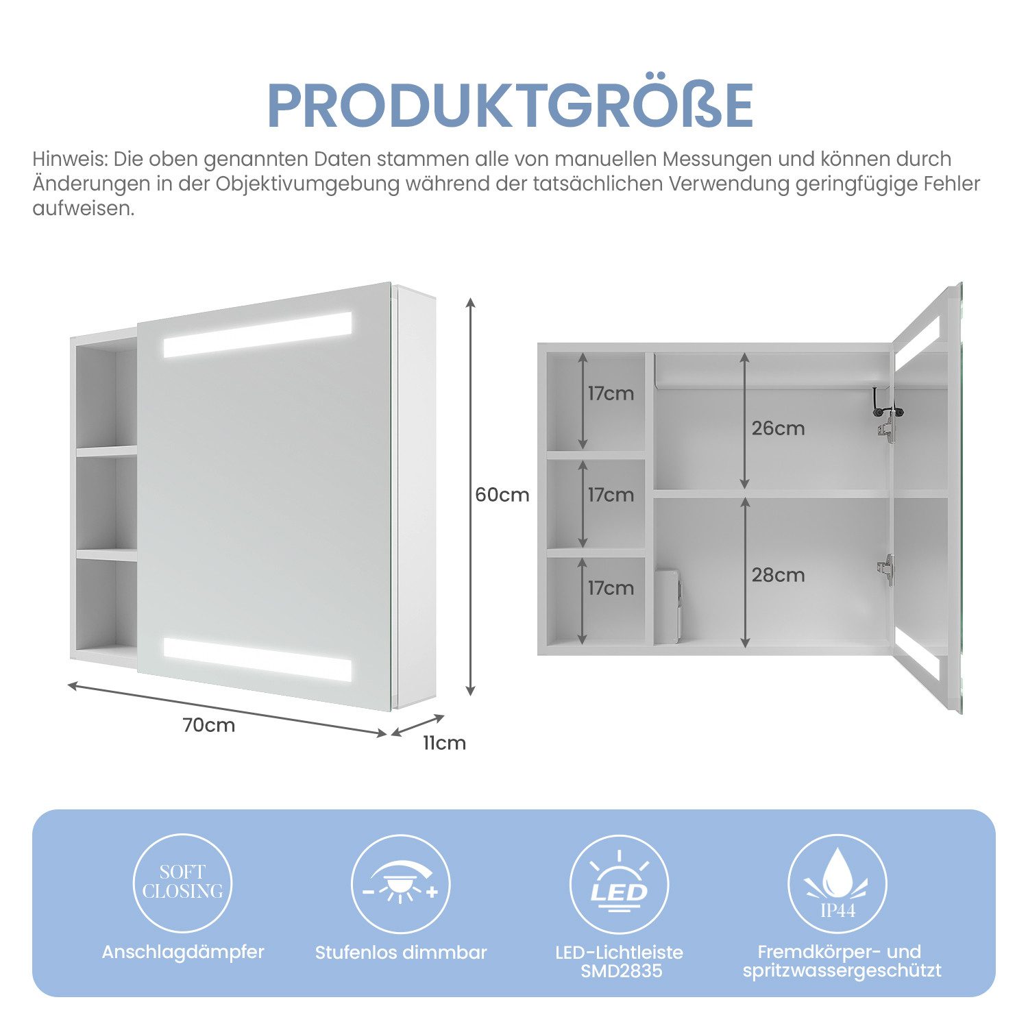 AQUALAVOS Badezimmerspiegelschrank LED Badezimmer Spiegelschrank Spiegel Badezimmerschrank Schutzklasse IP44,Spiegeltür Nach rechts öffnen – Bild 4 von 5
