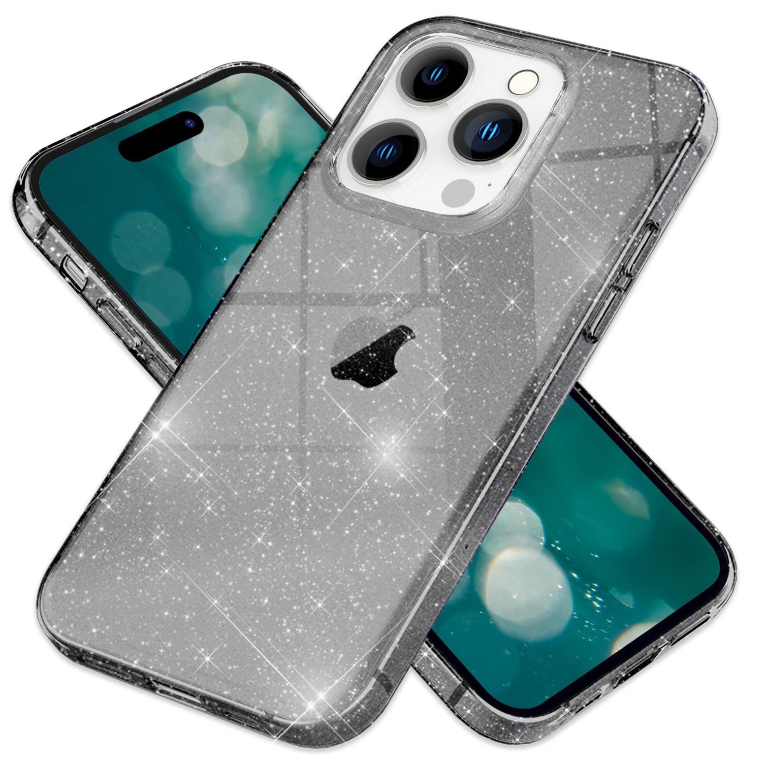 Nalia Smartphone-Hülle Apple iPhone 15 Pro Max, Klare Glitzer Hülle / Silikon Transparent / Glitter Cover / Bling Case