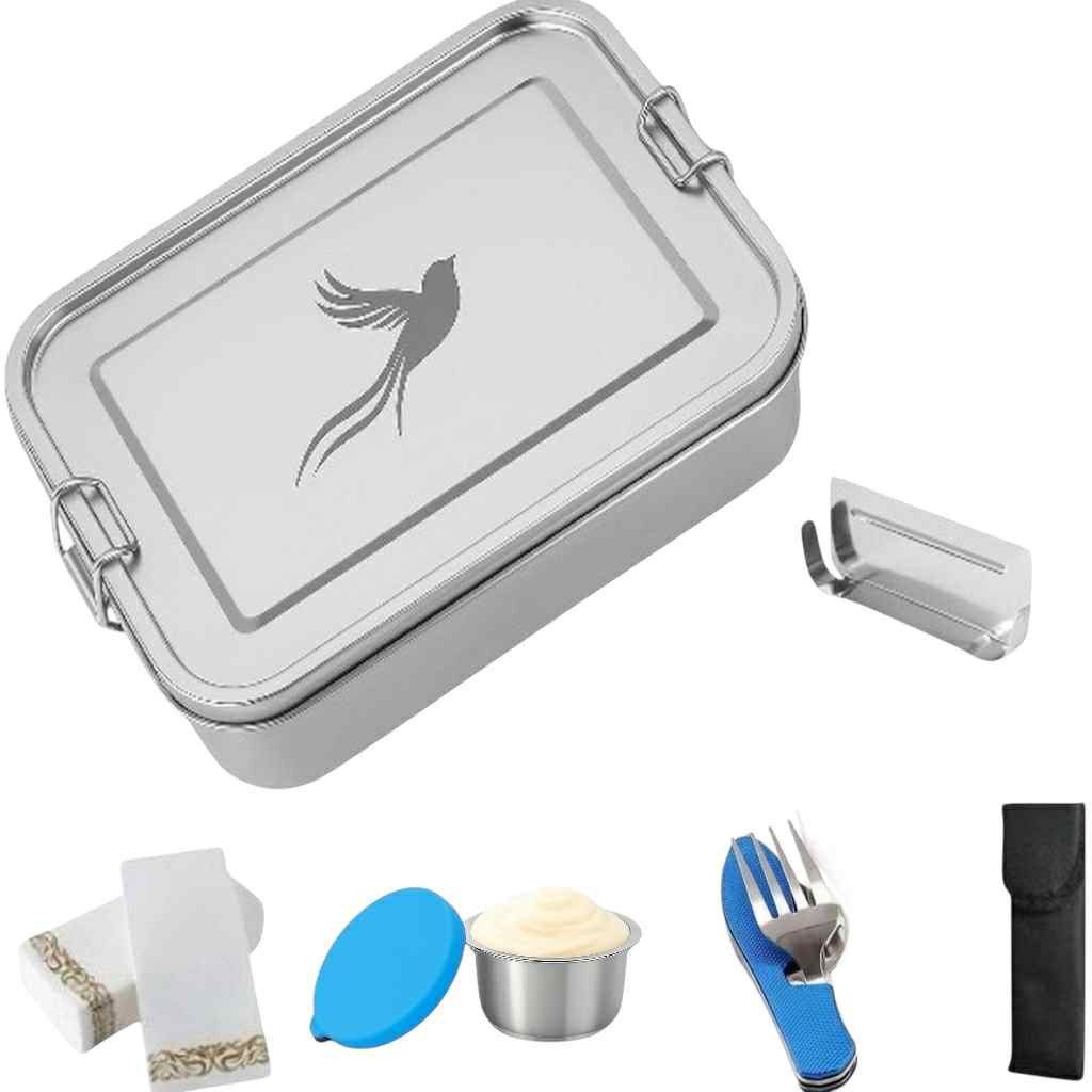 Little Lorien Lunchbox Brotdose Edelstahl 1200ml, 2 Fächer, Besteck, Trennwand & Servietten, Edelstahl, (5-tlg., 1 Brotdose, 1 Trenner, 1 Campingbesteck, 10 Papierservietten, 1 Sauce-Dose), Wiederverwendbar,auslaufsicher,Campingbesteck,Edelstahl,leicht,rubust