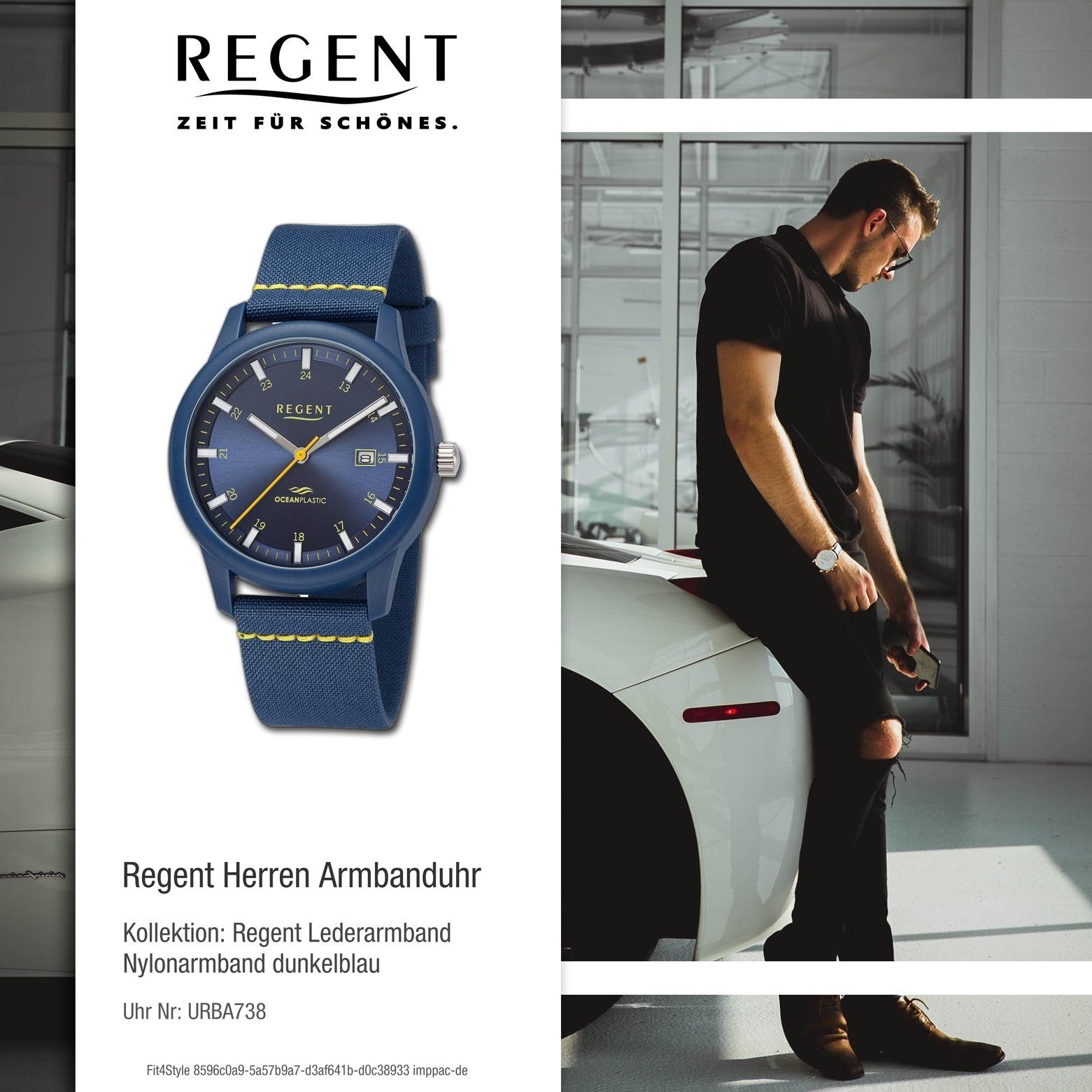 Regent Quarzuhr Regent Nylonarmband rund, Armbanduhr groß extra Herren Herren (ca. Analog, Armbanduhr 40mm)