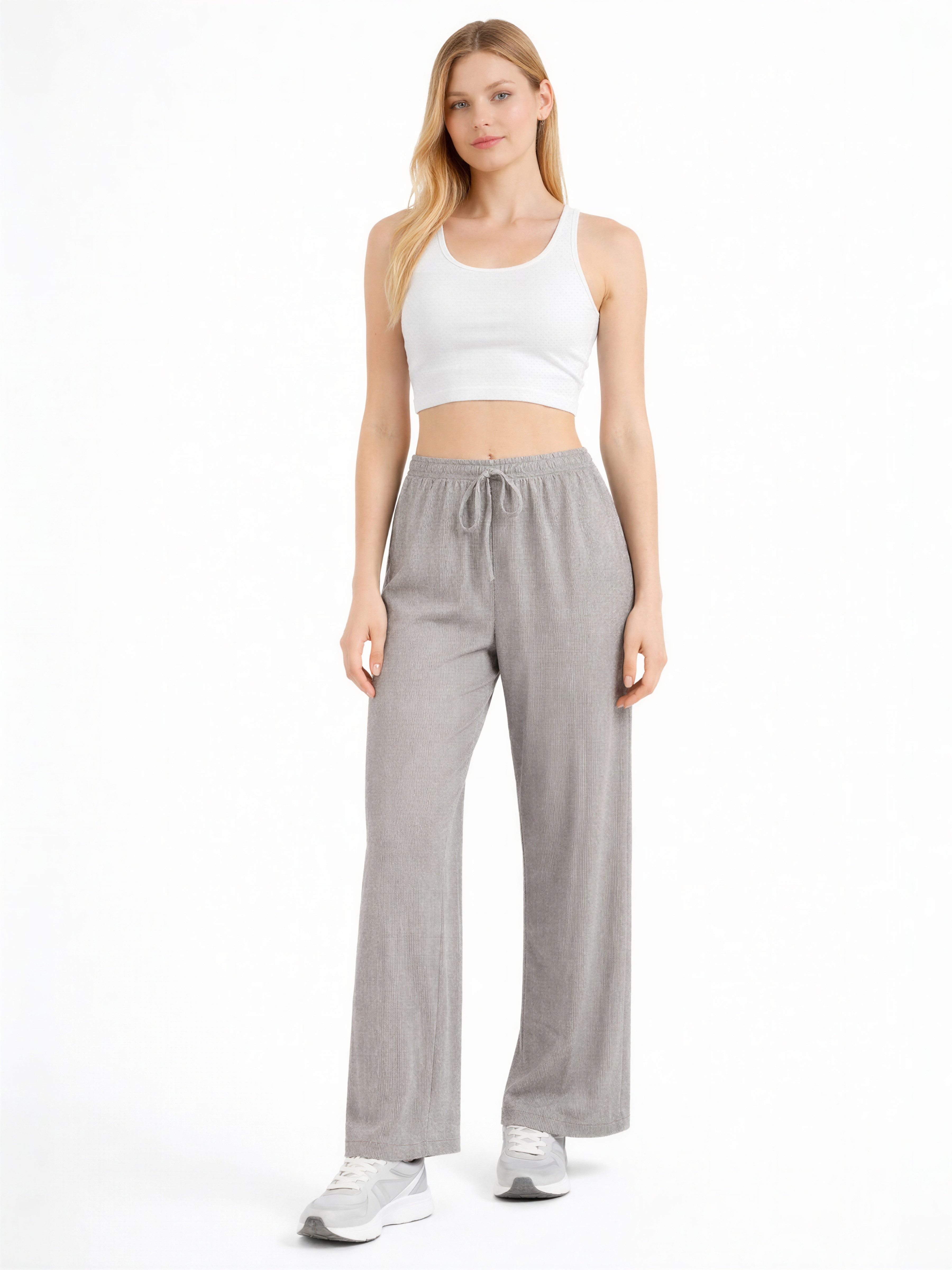 fashionshowcase Palazzohose Damen Crinkle – Weite Sommerhose elastischer Bund hoher Bund, elastischer Tunnelzug