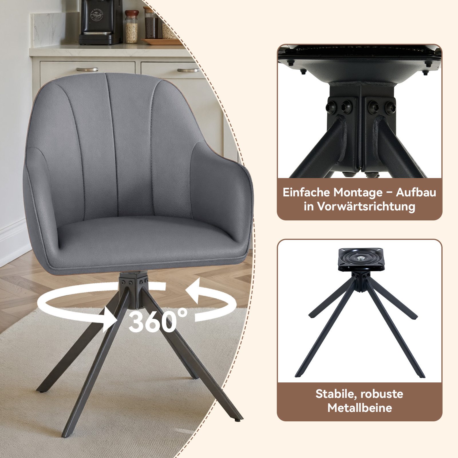 HawthyHome Polsterstuhl 360° drehbar mit Armlehne und Metallbeinen, 4-Fußstuhl (6 St), Moderner Küchenstuhl Esszimmerstuhl für Wohnzimmer & Büro – Bild 4 von 5