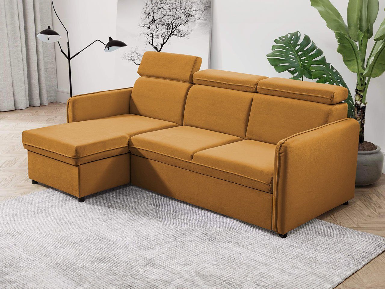 MIRJAN24 Ecksofa Barcelo Mini, mit Bettkasten und Schlaffunktion, Einstellbare Kopfstützen, 220x140x84-96 cm