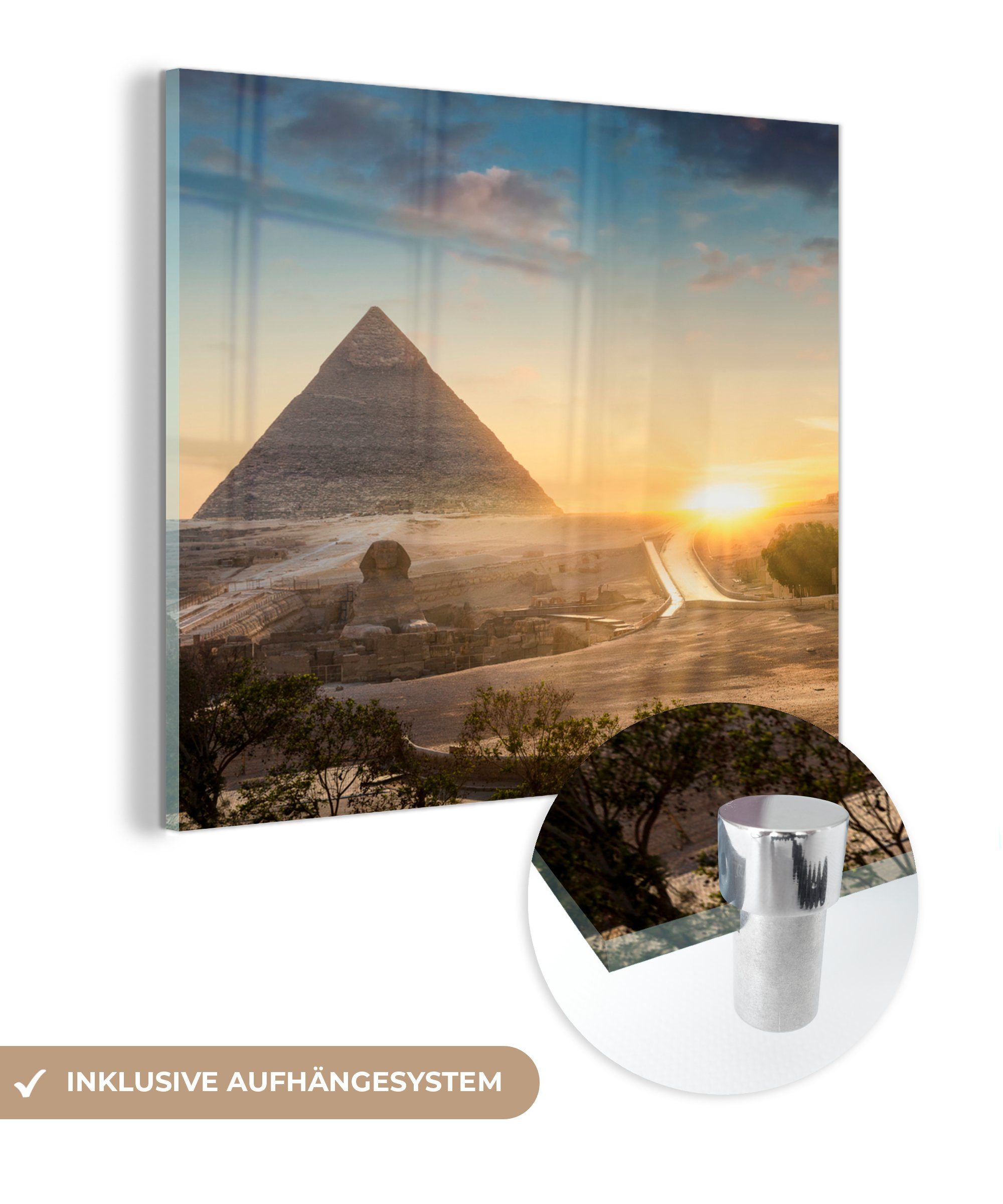 MuchoWow Acrylglasbild Sonnenuntergang neben Glas Glas auf Foto auf (1 - St), Kairoer Bilder - - der Glasbilder Pyramide - Ägypten, Wanddekoration Wandbild