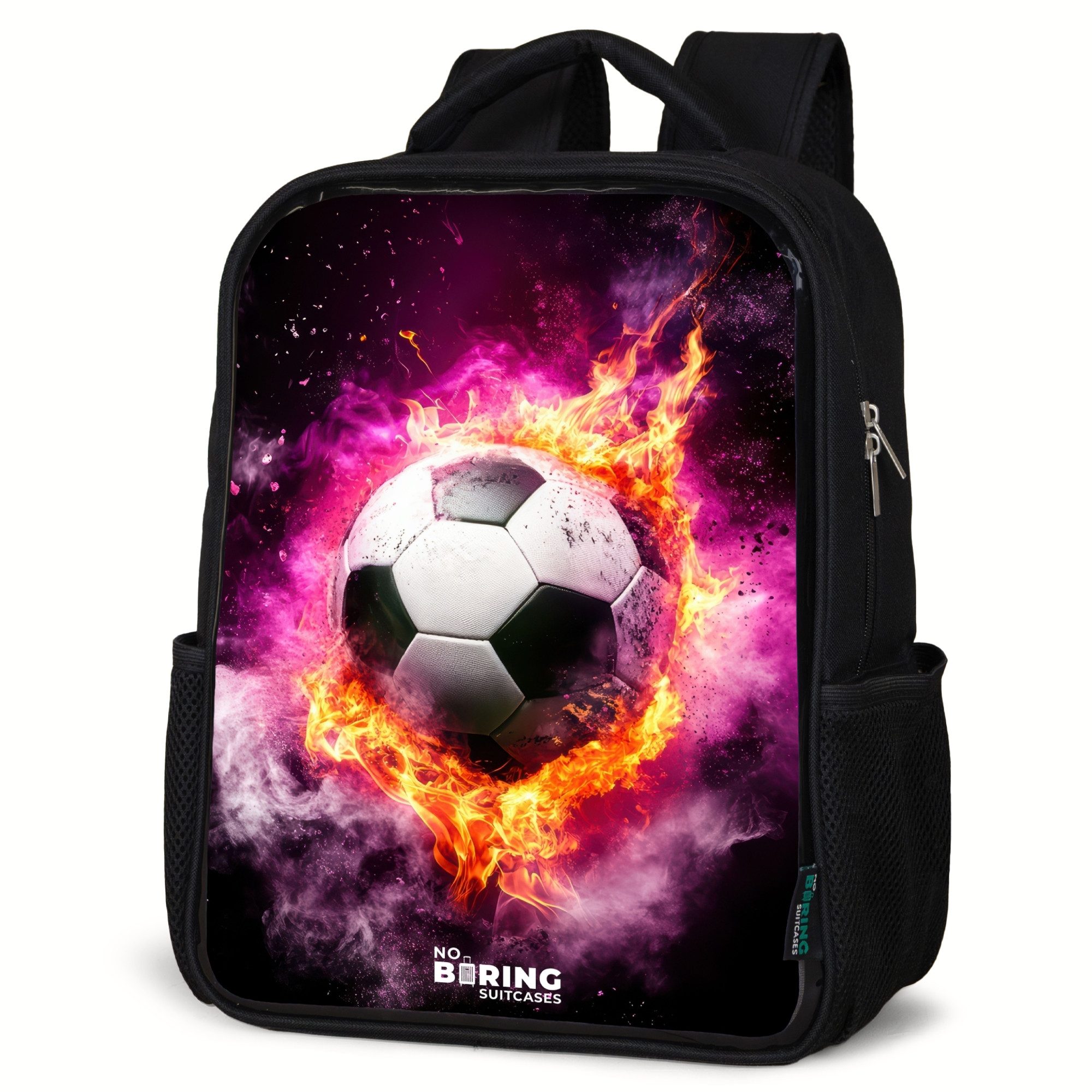 NoBoringSuitcases.com© Rucksack Fußball in rosa Feuer Explosion, Kinderrucksack Schwarz, Schulrucksack, Freizeitrucksack Jungen Mädchen