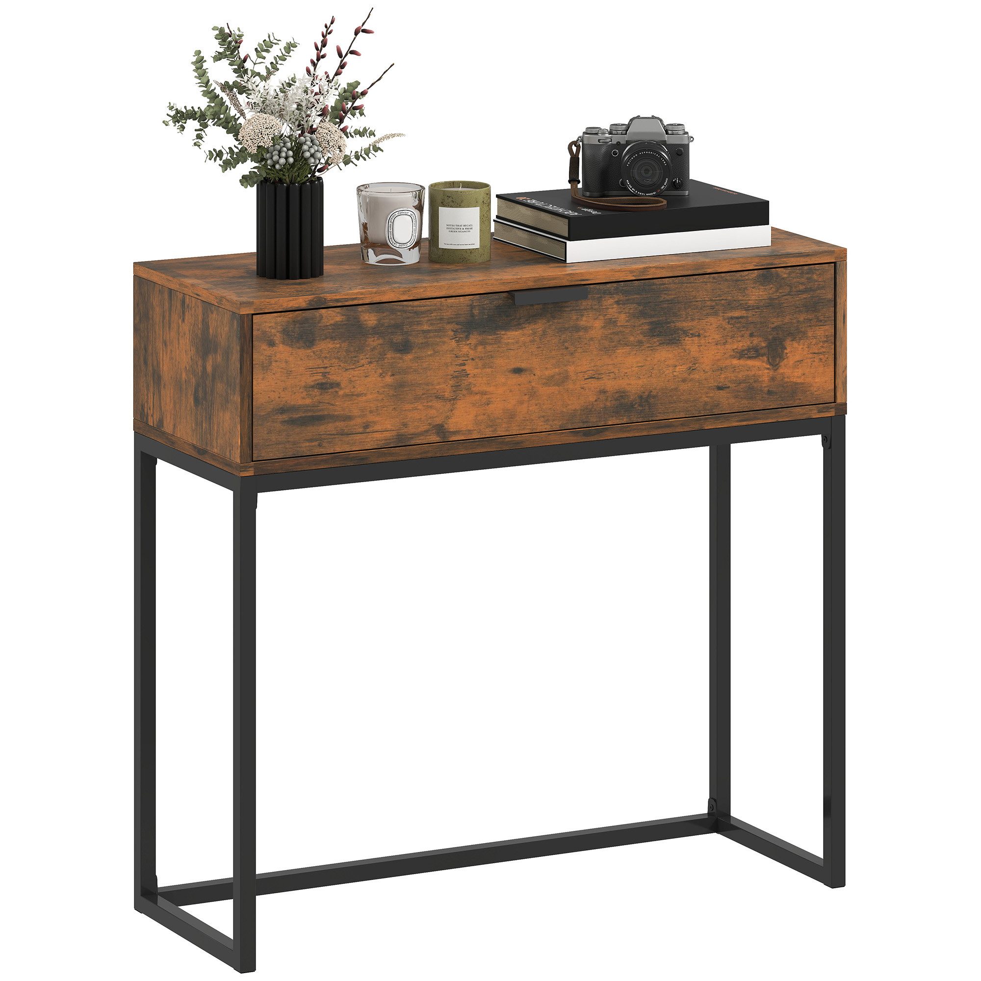 HOMCOM Konsolentisch Flurtisch mit Schrank, Beistelltisch im Modern-Design (Beistelltisch, 1-St., Flurtisch), für Flur, Wohnzimmer, 80 x 30 x 76 cm, Rustikal-Braun