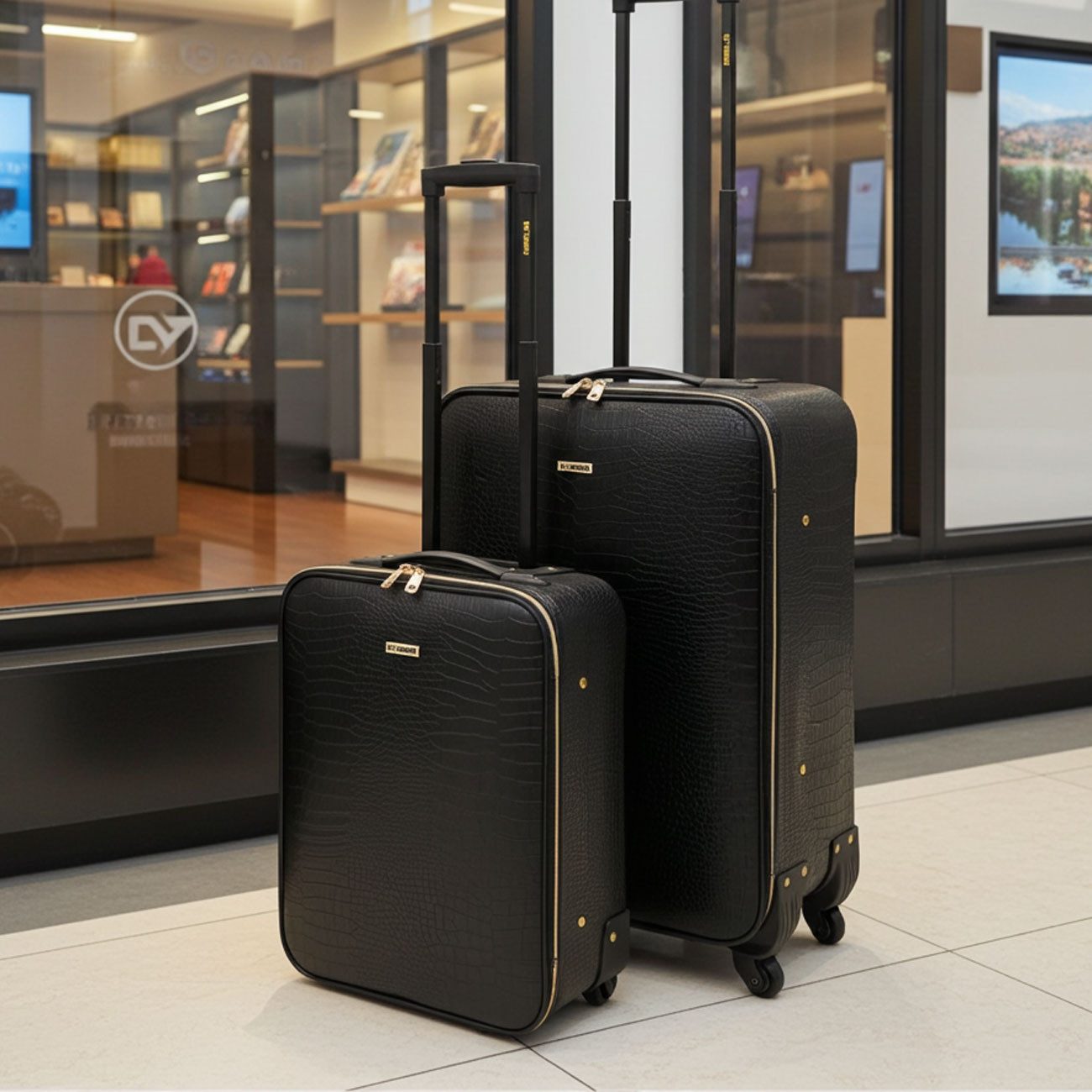 PREMIUMPARTS Trolley 2-teiliges Koffer-Set (20/24 Zoll) in Kroko-Schwarz mit Gold-Details, Mit eleganten, goldenen Details