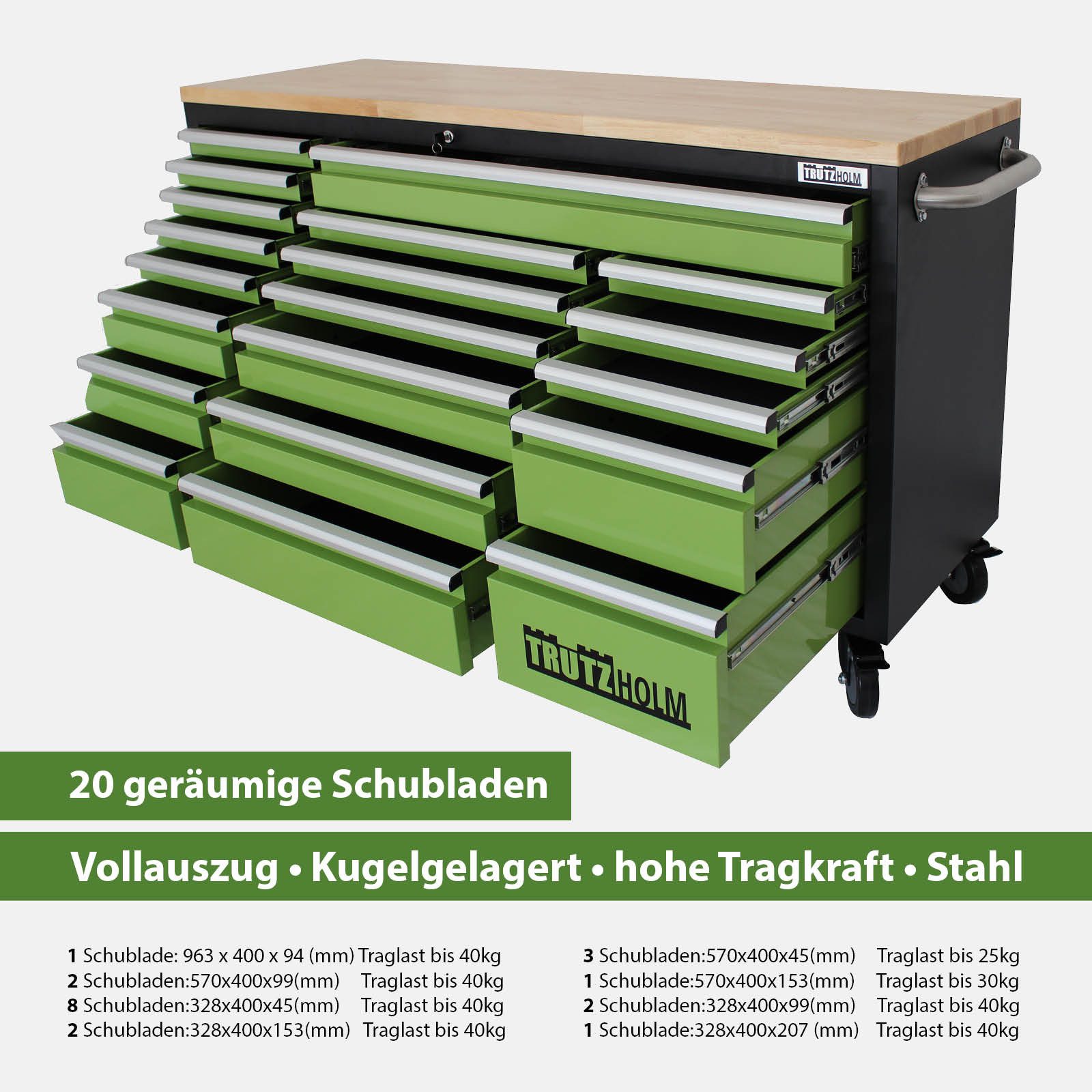 TRUTZHOLM Werkstattwagen Werkstattwagen Deluxe XXL unbestückt 161x92,5 cm 20 Schubladen, DELUXE mit 20 Schubladen, max. Traglast:750 kg, (Artikel, 1-tlg), versehen