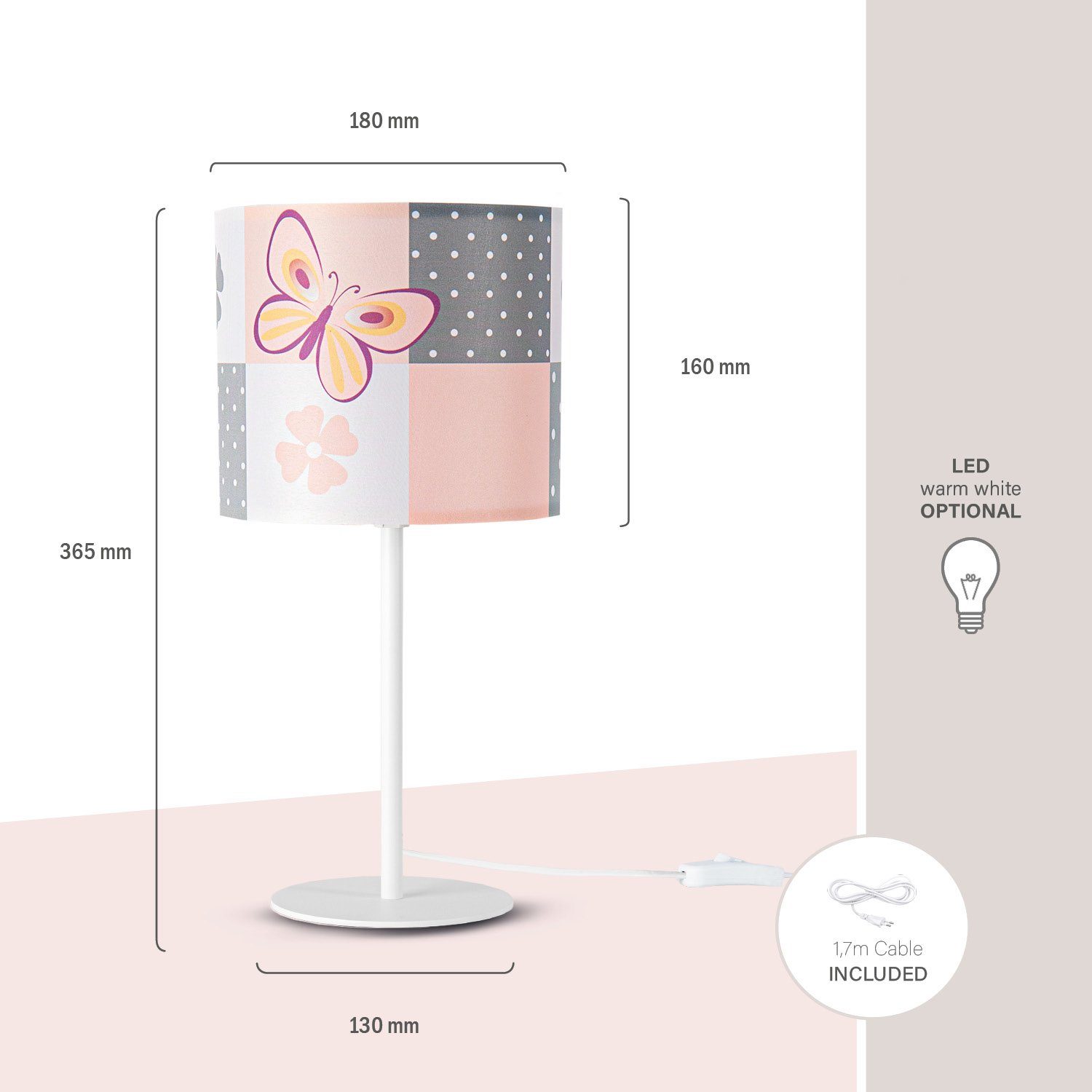 Paco Home Tischleuchte Cosmo 220, âˆ…18cm ohne 36,5cm Blumen E14 Schmetterling Lampe Kinderzimmer Leuchtmittel, Höhe Nacht