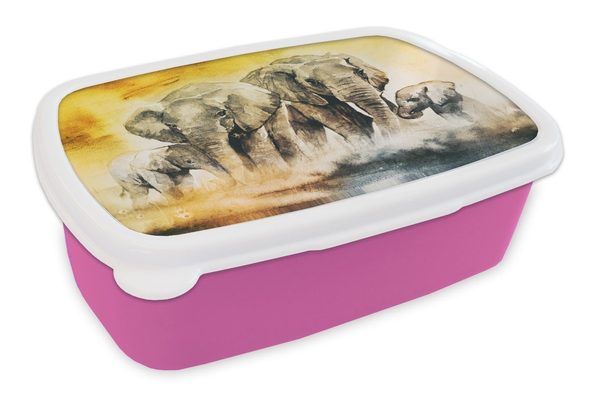 MuchoWow Lunchbox Elefant - Aquarellfarbe - Familie, Kunststoff, (2-tlg), Brotbox für Erwachsene, Brotdose Kinder, Snackbox, Mädchen, Kunststoff rosa