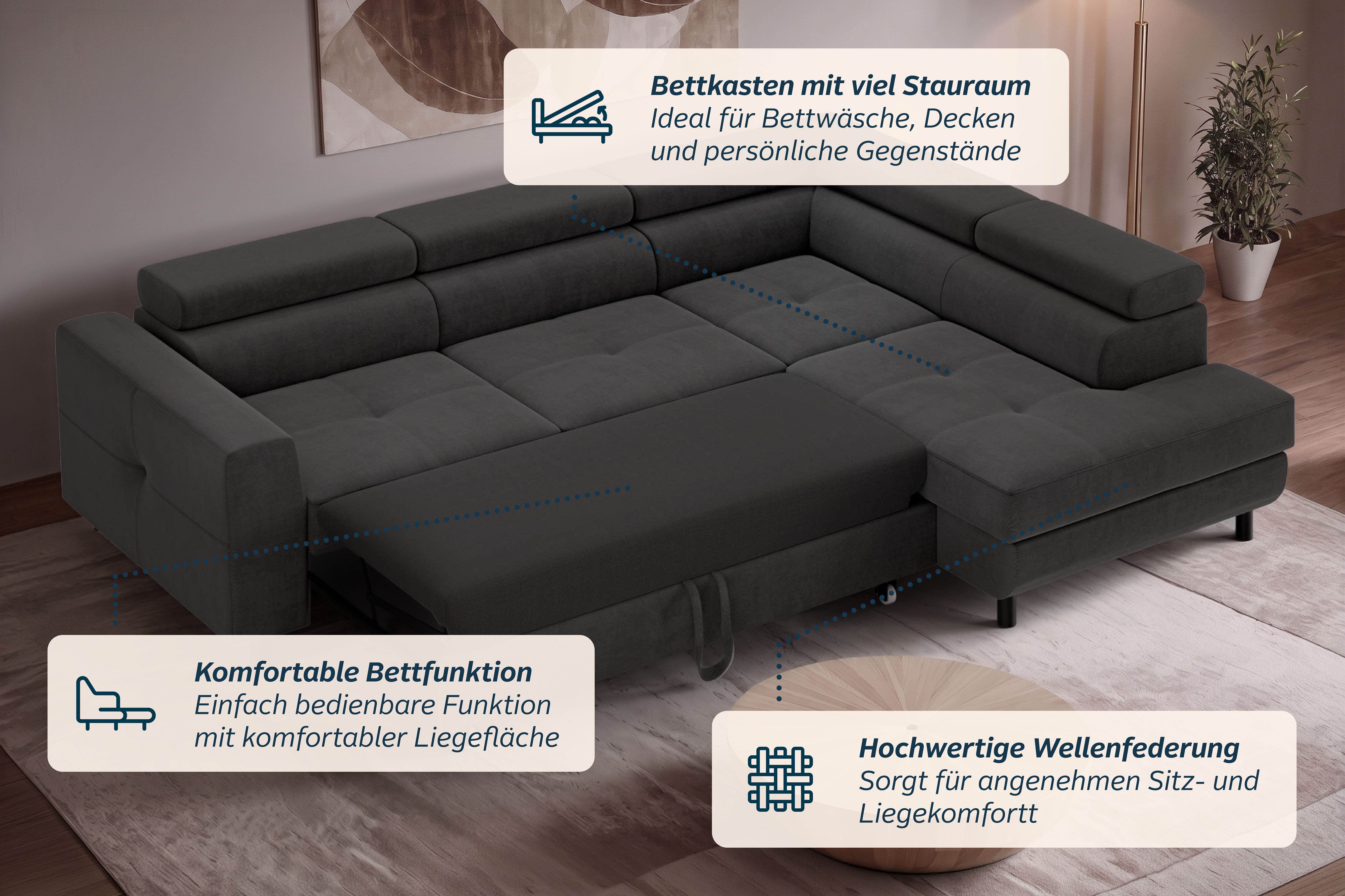 OTTO home Ecksofa AADEN Schlafsofa 254 cm - OTTO. Verlässliche Qualität., mit Bettfunktion, Bettkasten, Kopfstützen, rechts/links bestellbar – Bild 4 von 5
