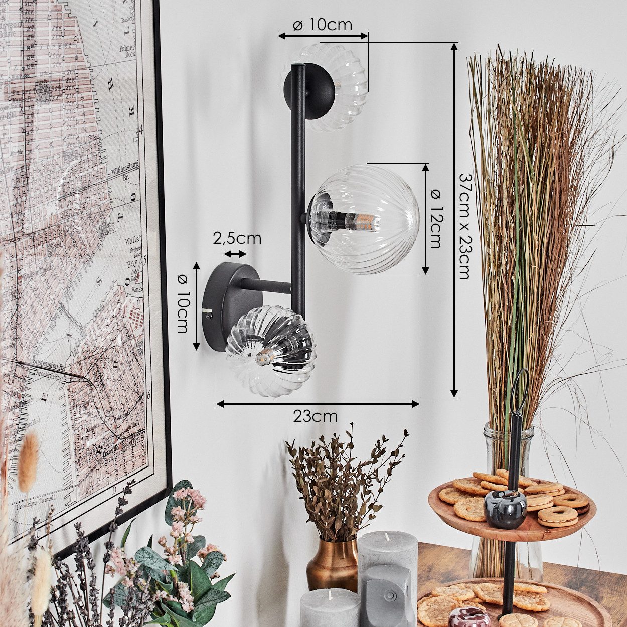 hofstein Wandleuchte Wandlampe aus Metall/Riffelglas in Schwarz/Klar, ohne Leuchtmittel, moderne Wandleuchte im Retro/Vintage-Design (Schirme 10; 12 cm), G9