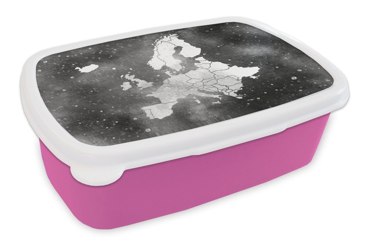 MuchoWow Lunchbox Europa-Karte auf Galaxie Hintergrund in Aquarell - schwarz und weiß, Kunststoff, (2-tlg), Brotbox für Erwachsene, Brotdose Kinder, Snackbox, Mädchen, Kunststoff rosa
