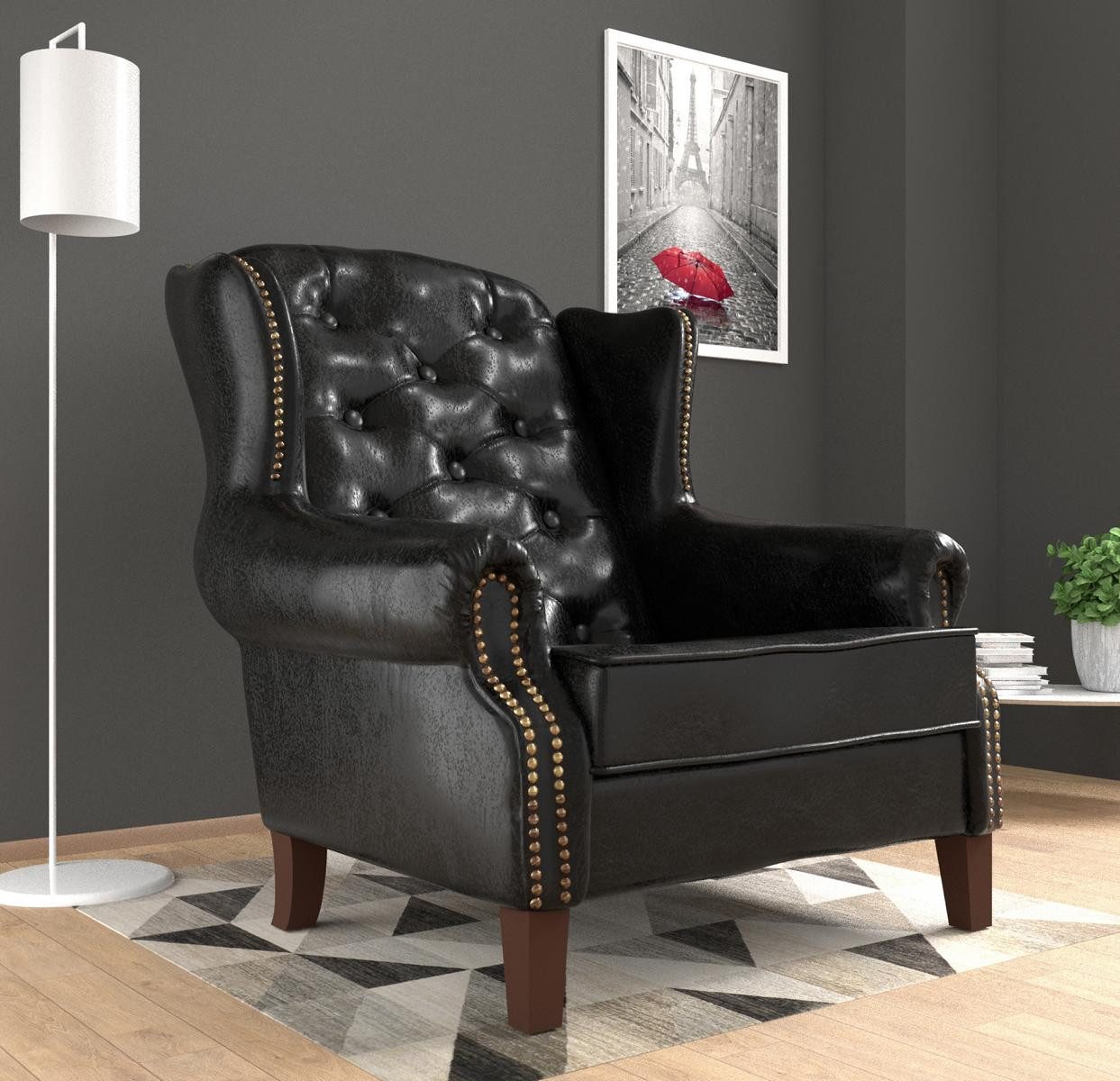 JVmoebel Ohrensessel Chesterfield Sessel in Schwarz Kunstleder mit Holzfüßen (Packung, 1-St., Chesterfield Sessel), Made in Europa