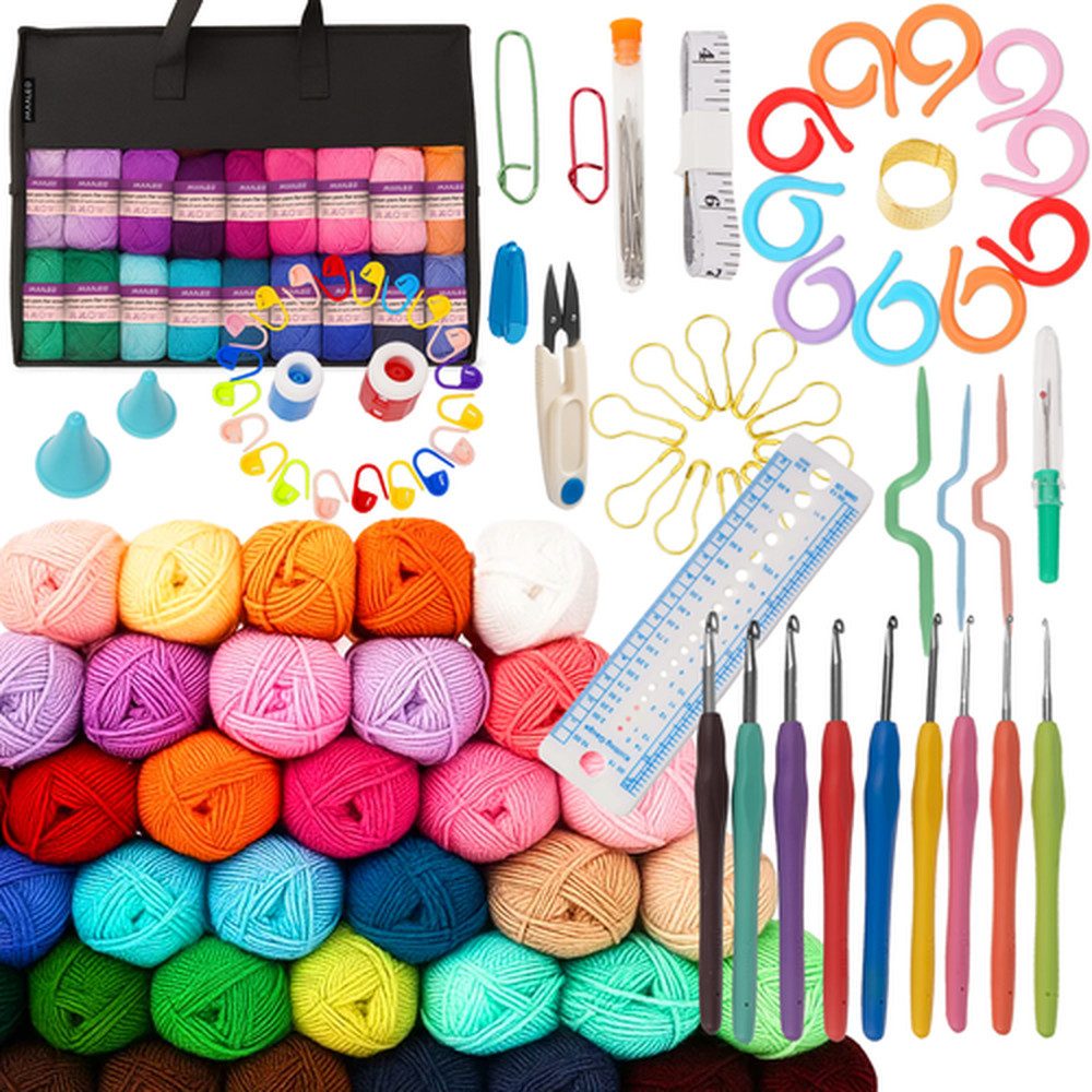 MAALEO Крючки для вязания Häkelgarrn Nähset, Spar-Set, XXL-Tasche mit Tragegriffen, Baumwollgarn, robuste Иглы und langlebiges Zubehör