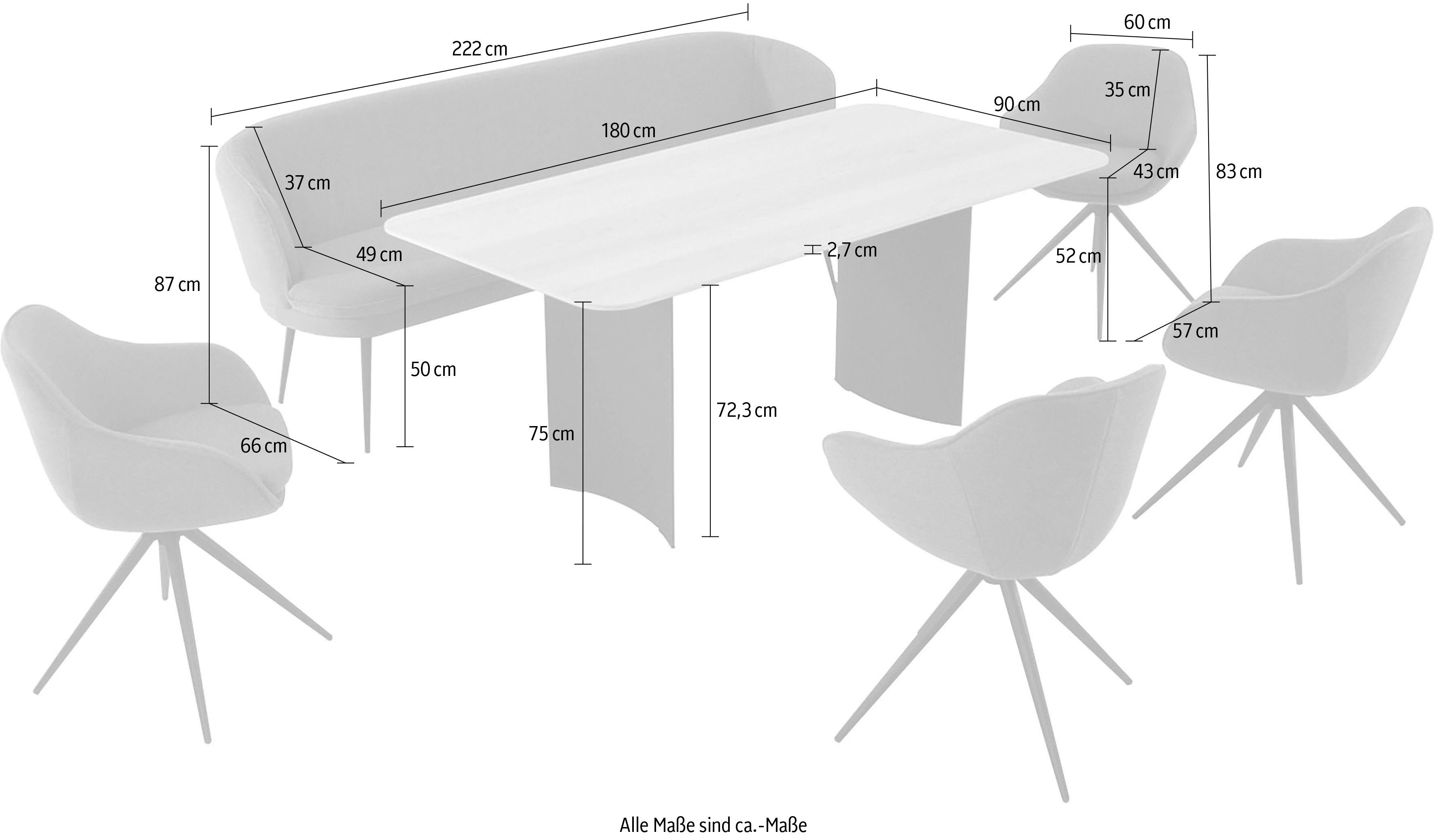 K+W Komfort & Wohnen Essgruppe 40 Solobank, 1 abgerundete Materialmix, Tisch und 4 ZOOM, in lightgrey 85/yellow Sesseln Essgruppe