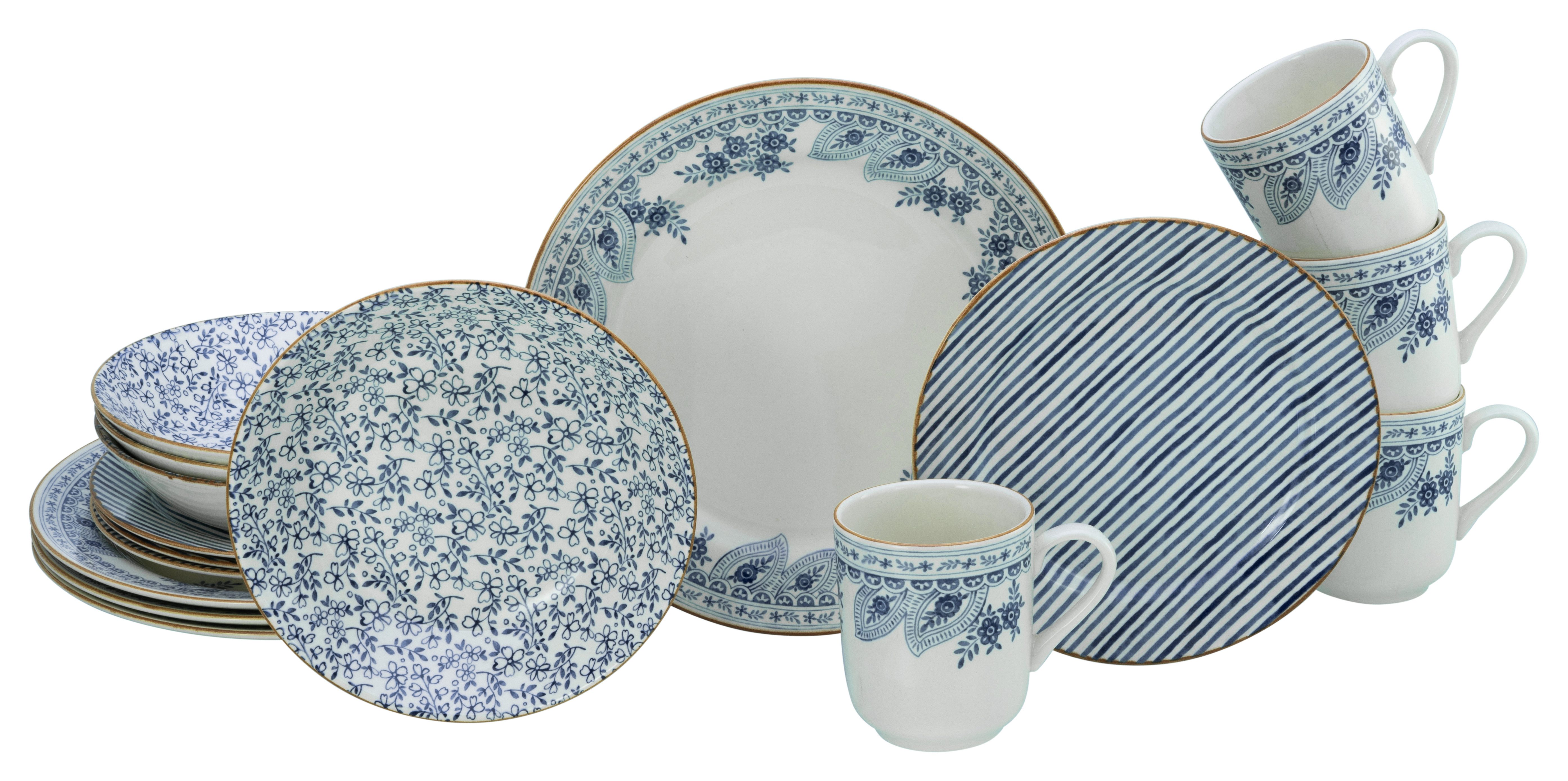 CreaTable Kombiservice Euböa, Kombi-Service 16-tlg (16-tlg), 4 Personen, Steingut, Blaue Motive