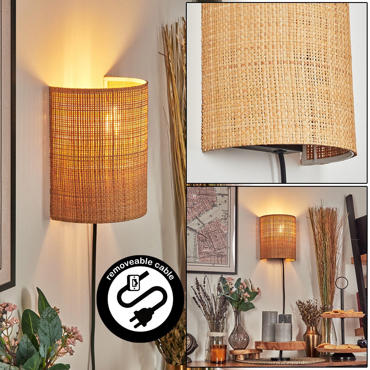 hofstein Wandleuchte Wandlampe aus Metall/Bast in günstig online kaufen