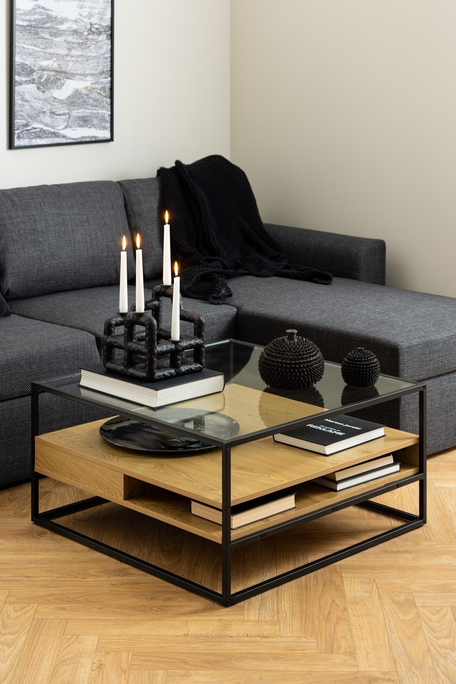 Couchtisch in Wildeiche; schwarz, MDF, Stahl - 80x40x80cm (BxHxT)