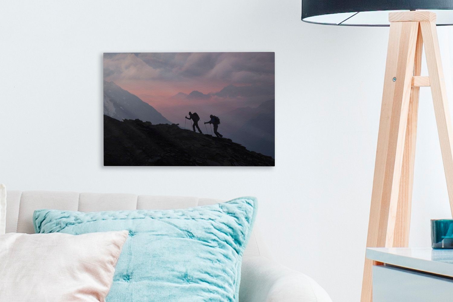 Sonnenaufgang, Wandbild Berg Wanddeko, bei cm (1 Leinwandbilder, Leinwandbild 30x20 St), Bergsteiger Aufhängefertig, einen Zwei OneMillionCanvasses® besteigen