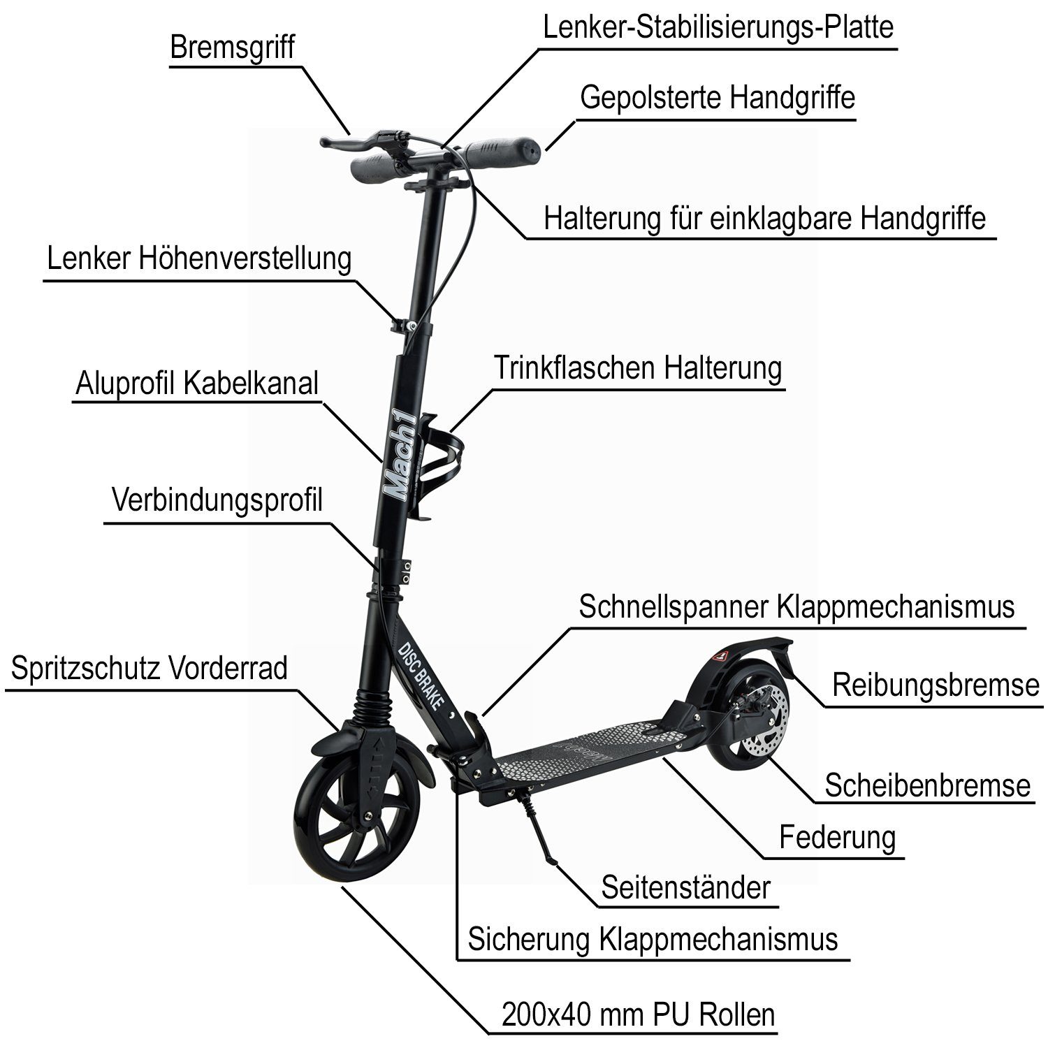 Mach1 Cityroller Kickscooter Tretroller mit 200x40mm Rollen XXL Wheel u. Scheibenbremse