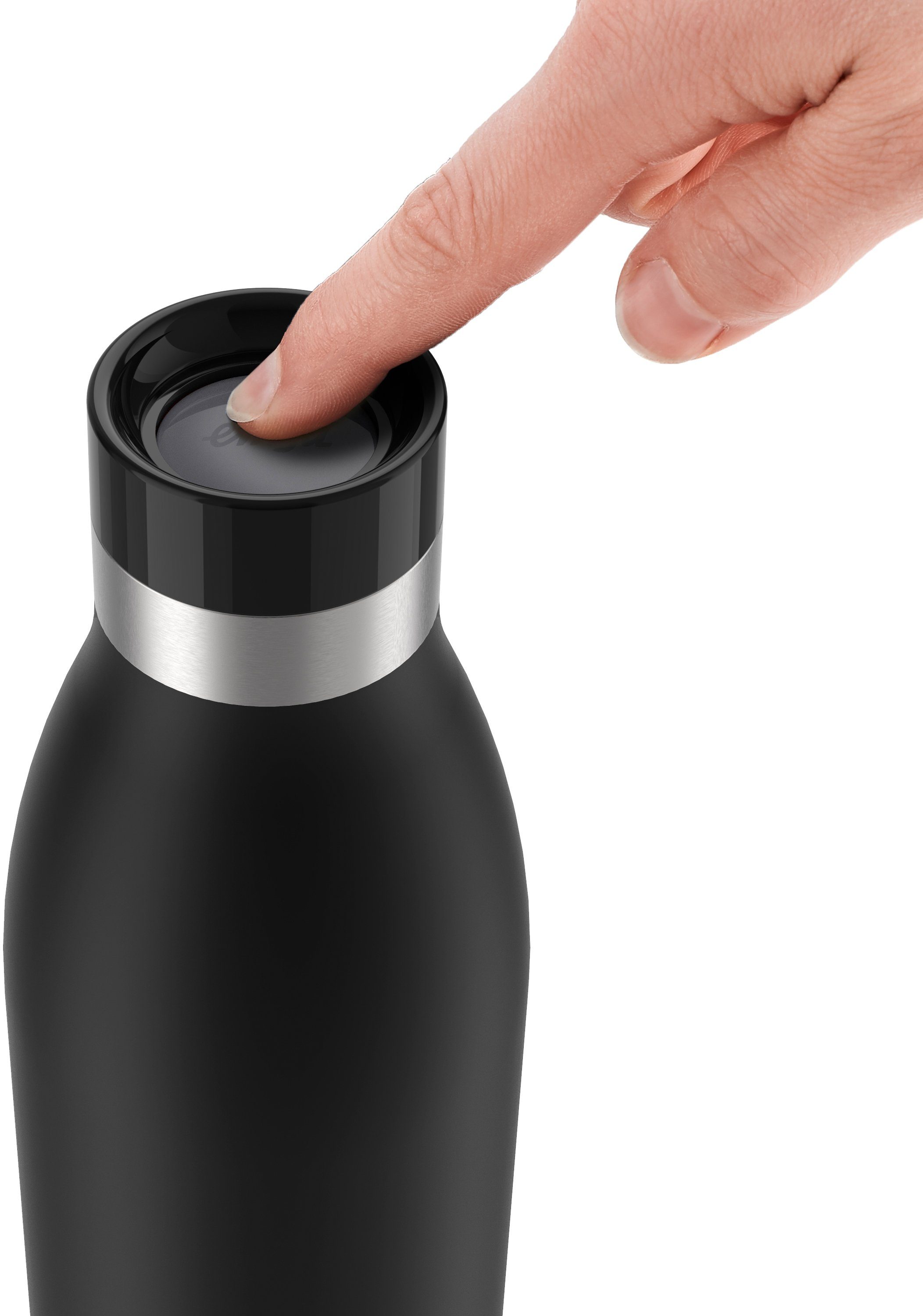 Emsa Trinkflasche Edelstahl, 12h kühl, warm/24h spülmaschinenfest Deckel, schwarz Quick-Press Color, Bludrop