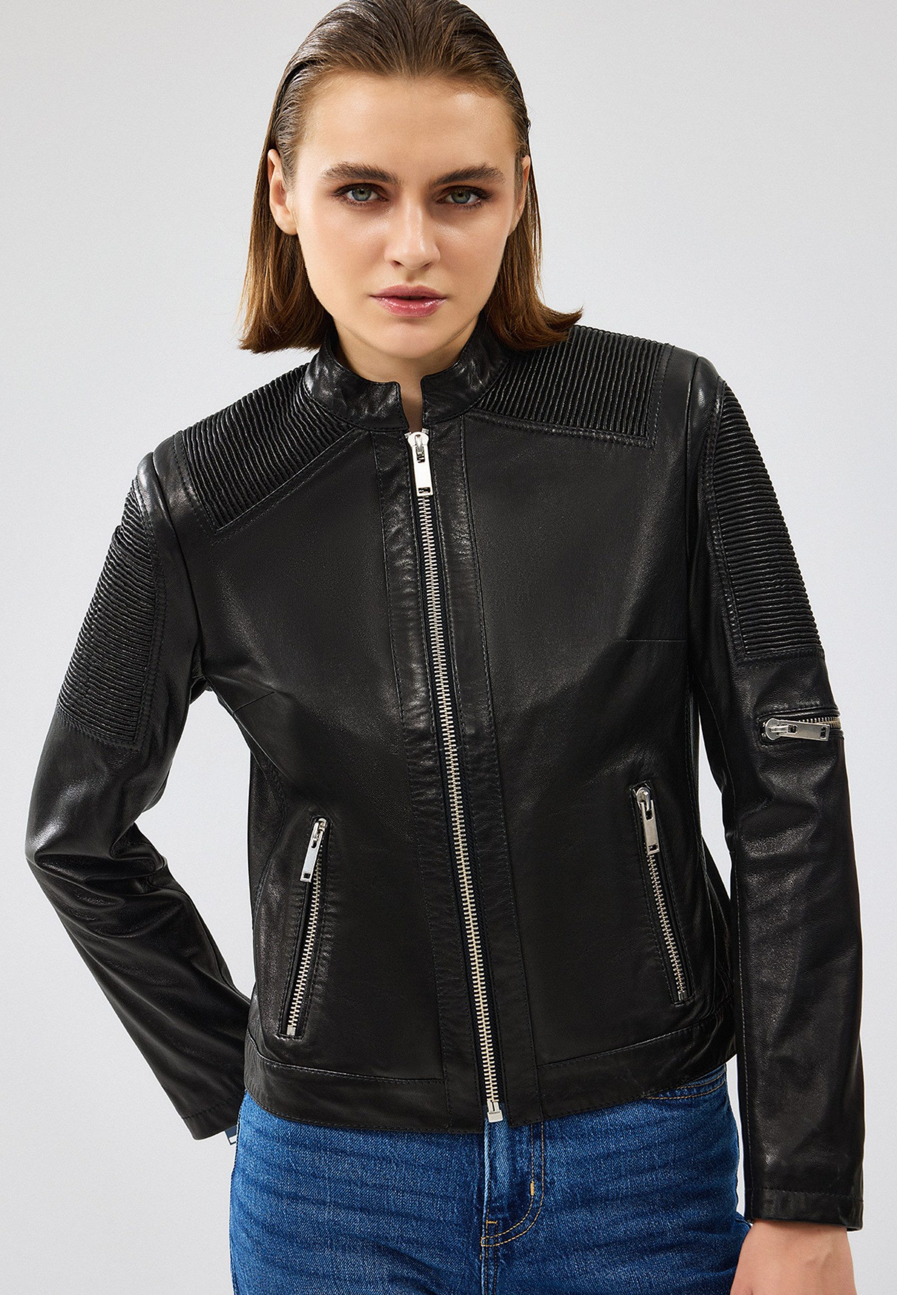 Derimod Lederjacke Firenze Kurze Lederjacke Regular Fit, Reißverschluss, Stehkragen, Kurz, Textilfutter
