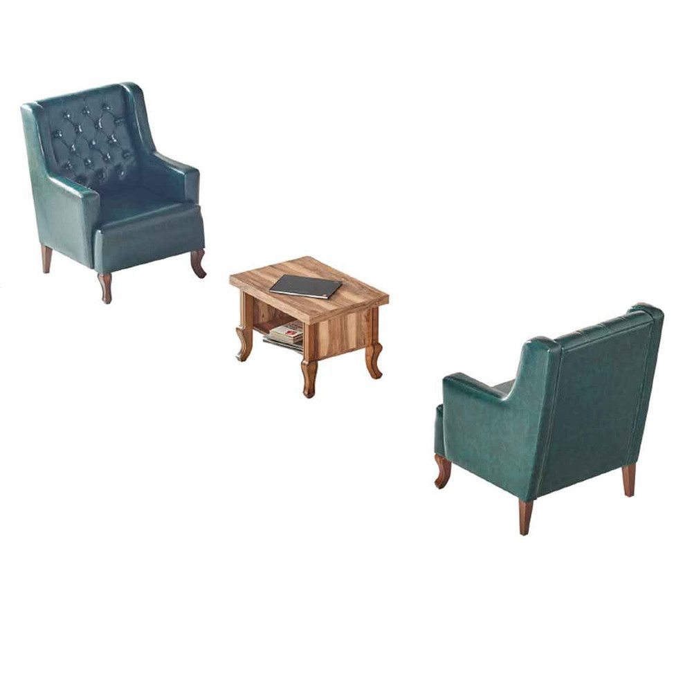 JVmoebel Chesterfield-Sessel Grüner Chesterfield-Sessel mit braunem Leder-Couchtisch (Packung, 3-St., 2x Sessel, Couchtisch), Made in Europe