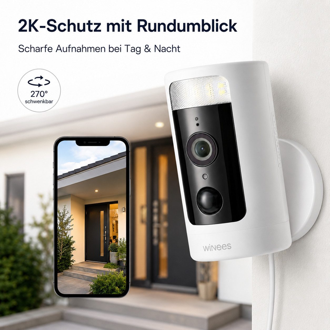 Winees Überwachungskamera (Außenbereich, 4MP 2K WLAN IP Sicherheitskamera zur Heim-& Außenüberwachung, 1-tlg., Schwenk-/Neigbar, Spotlight & IR-Farbnachtsicht, IP-Außenkamera, Auto-Verfolgung, Personen- & Fahrzeugerkennung, Alexa, Zwei-Wege-Audio)