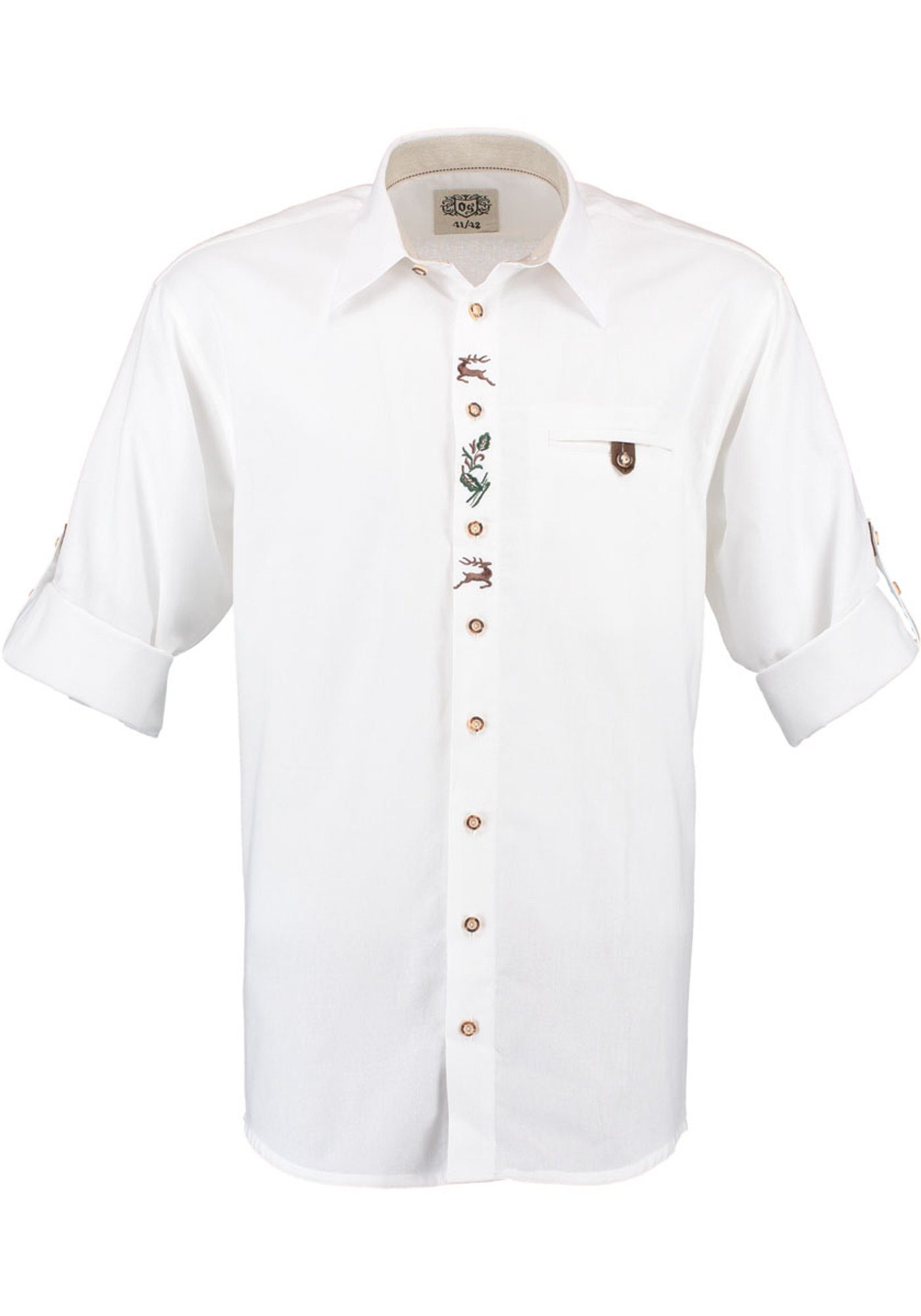 OS-Trachten Trachtenhemd mit Babuzi der Langarmhemd Hirsch-Stickerei Knopfleiste auf