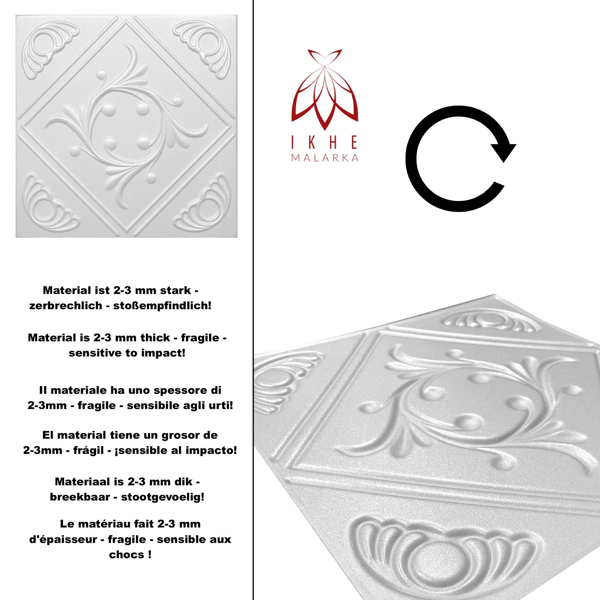IKHEMalarka 3D Wandpaneel stark Polystyrol (Platten 0,25 Polystyrol Dekoren, 08107 cm, Deckenpaneele 2m² = 2mm Stück 8 XPS, Paneele) 50,00x50,00 BxL: qm