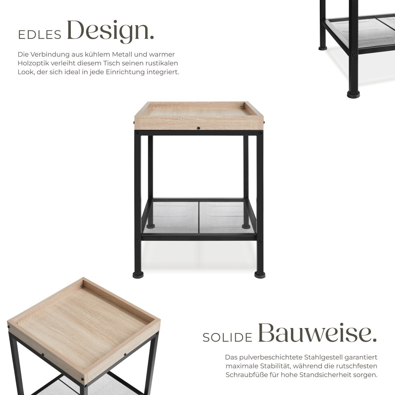 tectake Beistelltisch Schlafzimmertisch, 41,5 x 41 x 56 cm, höhenverstellbare (Couchtisch Industrial Style Rochester, 1-St., in Industrial Holz hell, Eiche Sonoma), Industrial Style, Holz und Stahl, Ablage in Tablettform & Gitterablage