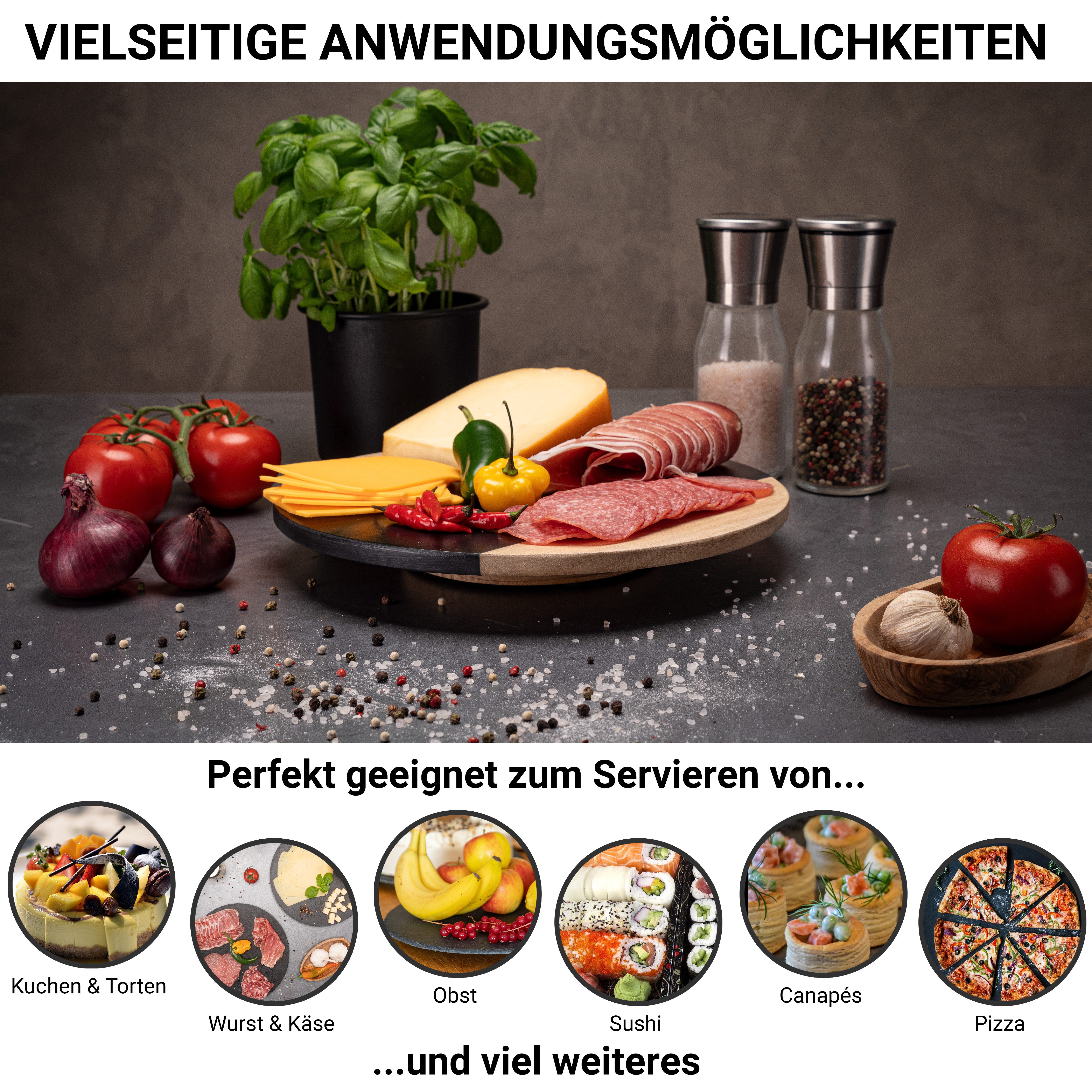 Fino Casa Kuchenplatte Fino Casa drehbare Schieferplatte rund als Servierplatte Kuchenplatte, Schiefer & Holz, (1x drehbare Schieferplatte rund Ø 30 cm), Schiefer, Kuchenplatte, Käseplatte, Antipasti Wurstplatte Tortenplatte