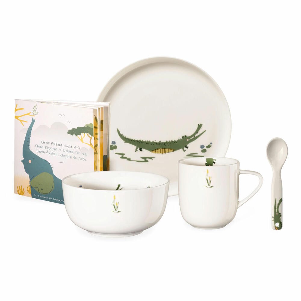 ASA SELECTION Kindergeschirr-Set kids Croco Krokodil (5-tlg), 1 Personen, Fine China-Porzellan, mit Buchbeilage