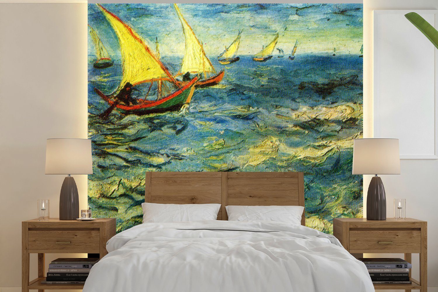für Fototapete Schlafzimmer MuchoWow Wohnzimmer Meer Vincent - Fototapete Gogh, (4 Küche, dem St), van Fischerboote Vliestapete bedruckt, auf Matt,