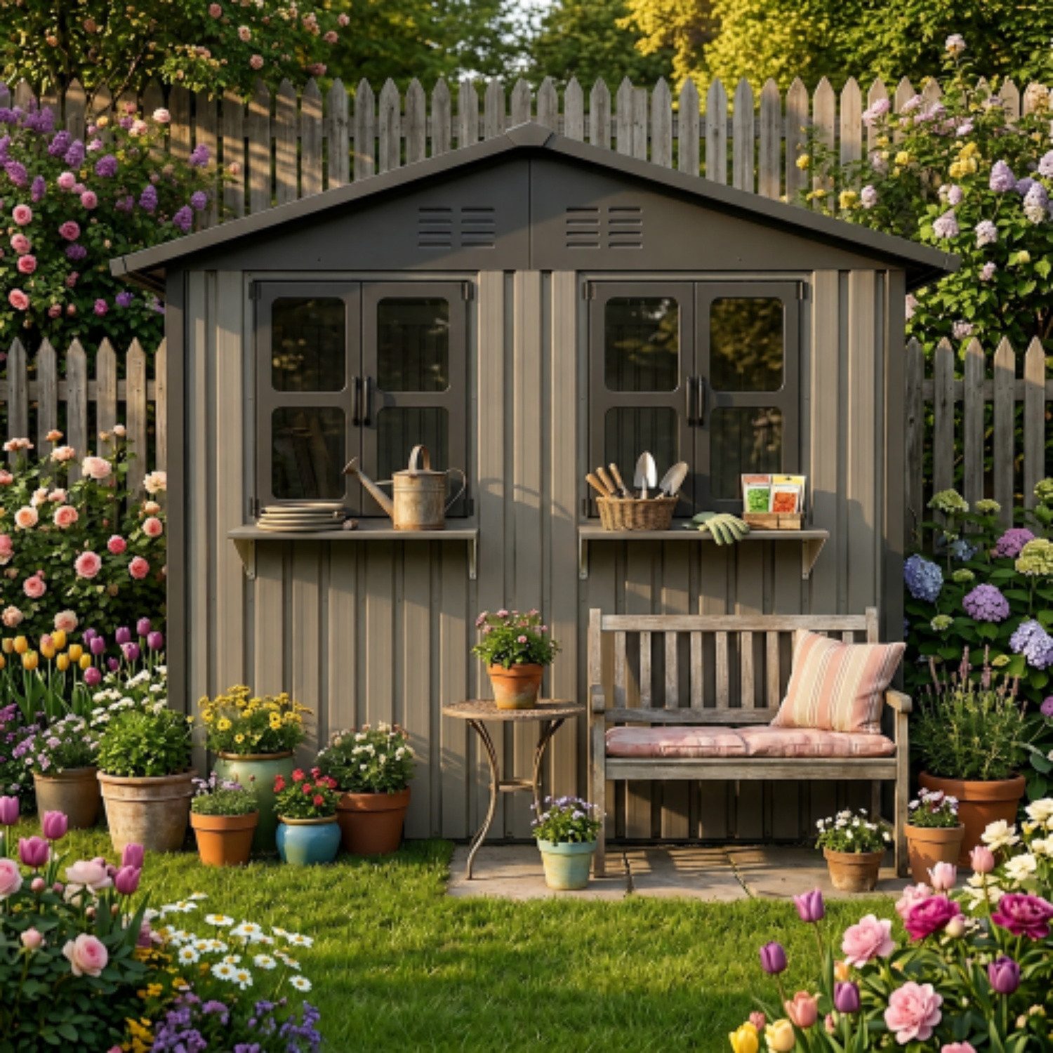 ANYSUN Gerätehaus Metall-Gerätehaus 4,33 m² mit 2 Fenstern, Doppeltür, abschließbar, Verzinkter Stahl, wetterfest, mit Blumenhaltern, für Garten & Terrasse