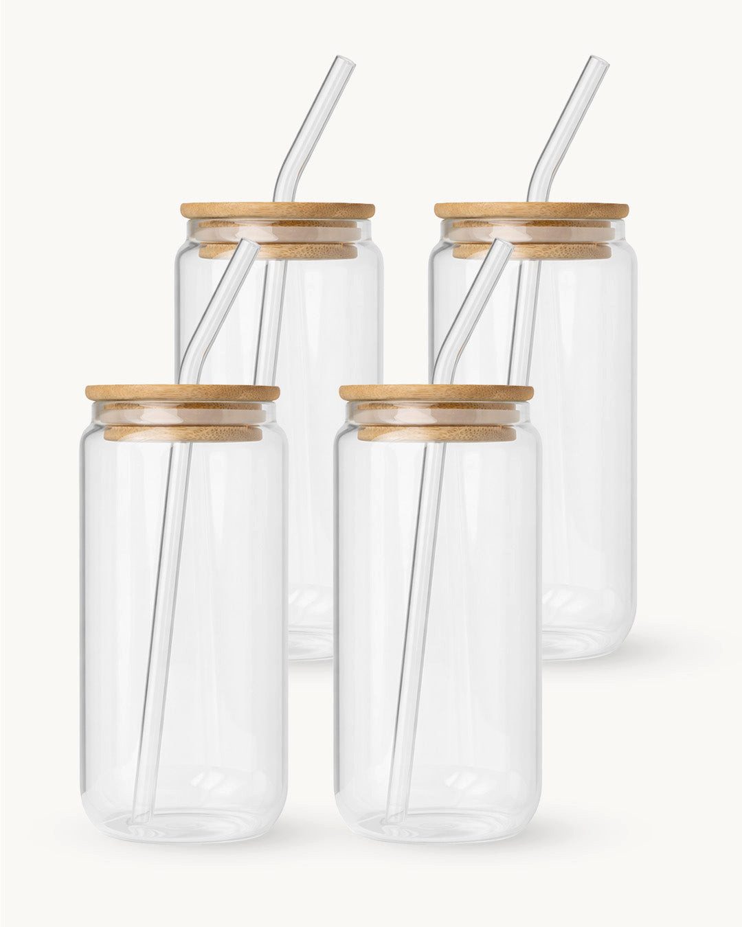 MiaMio Gläser-Set MIAMIO Trinkgläser mit Bambusdeckel & Glasstrohhalm 4er Set 500 ml, 4-tlg., Glas