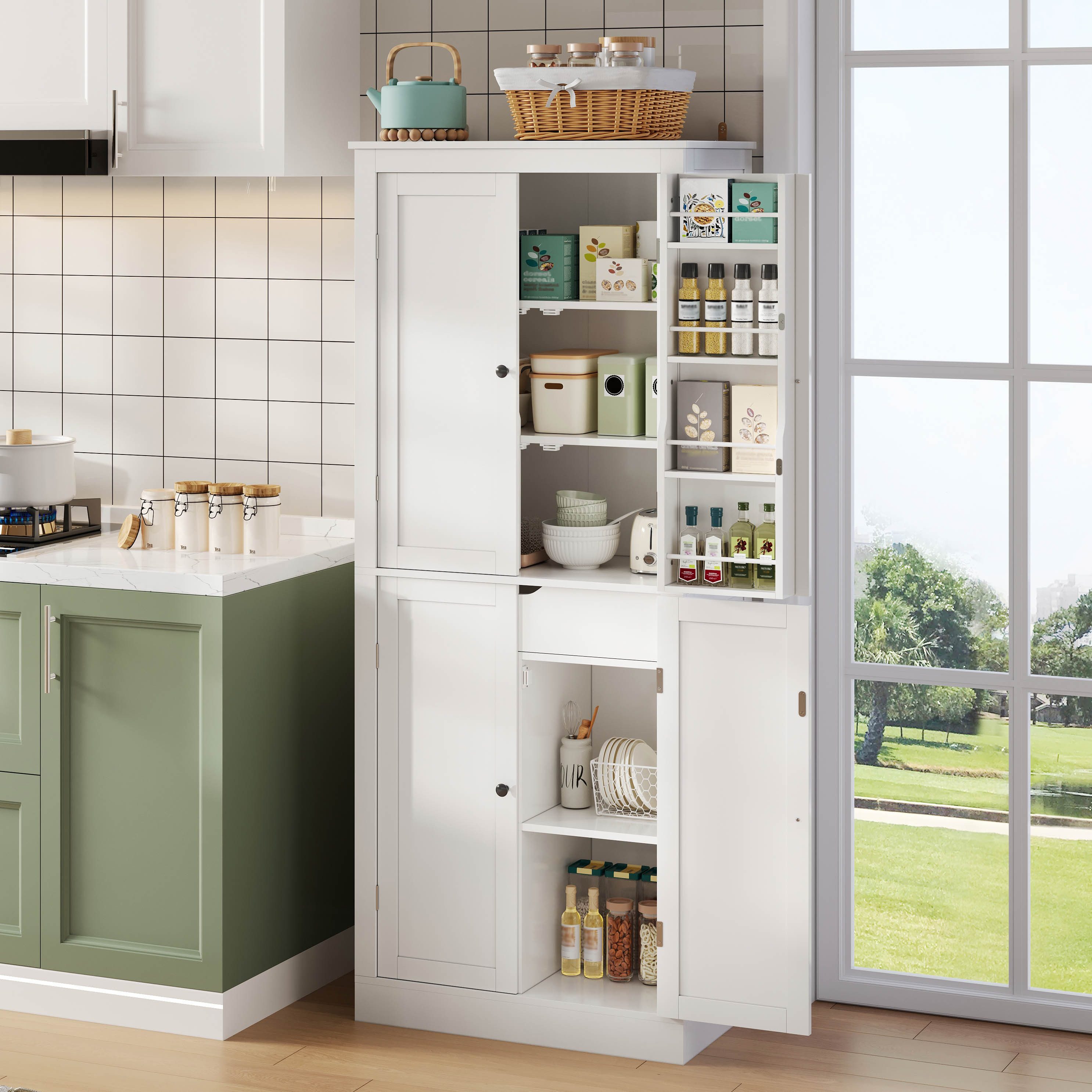 Flieks Mehrzweckschrank Hochschrank mit Türablagen, 7 Staufächern und 1 versteckte Schubladen (1-St., 75x40x182 cm) Küchenschrank Küchenbuffet Vorratsschrank Sideboard Weiß
